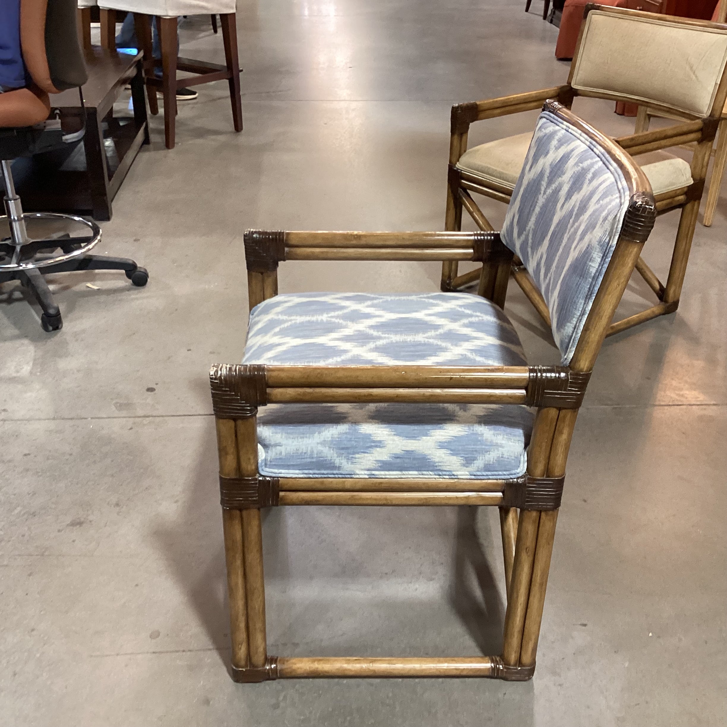 Vintage Bamboo Leather Strap Wrapped & Blue White Design Accent Chair 24"x 24"x 35"