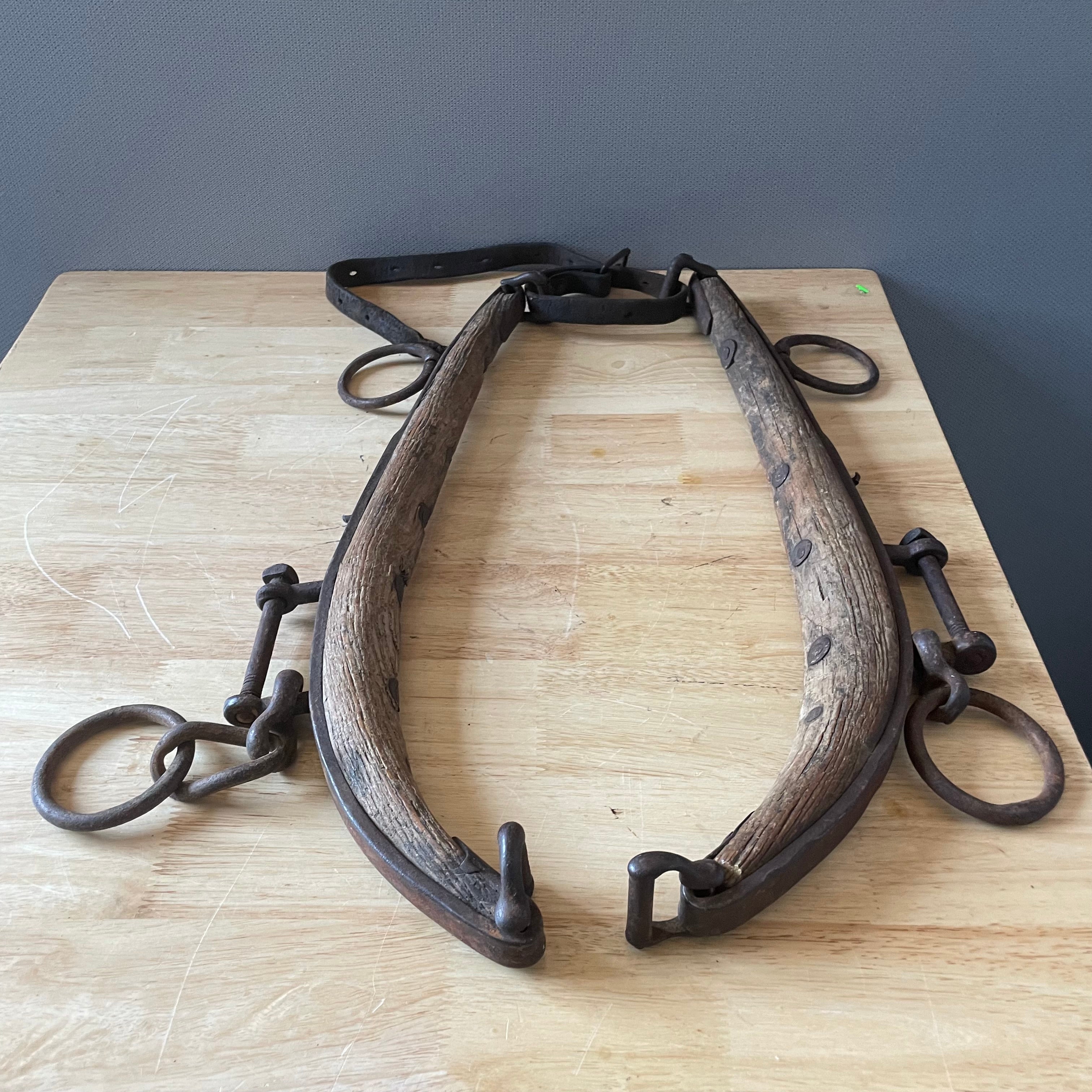 Antique Rustic Wood/Cast Iron Horse Hames, Pair, 21"