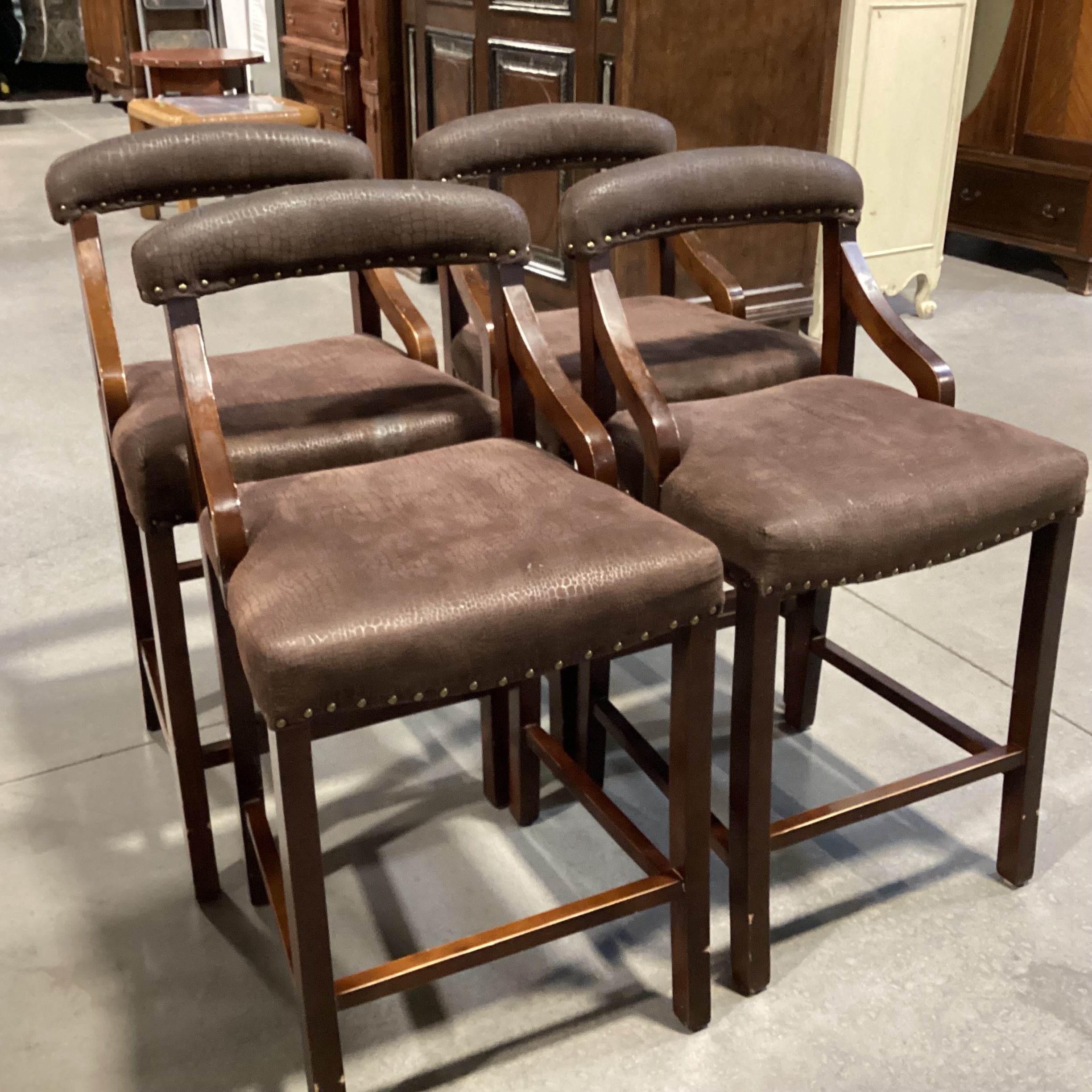 SET of 4 Pier 1 Imports Wood & Croc Style Micro Suede with Nailhead Barstools 26"