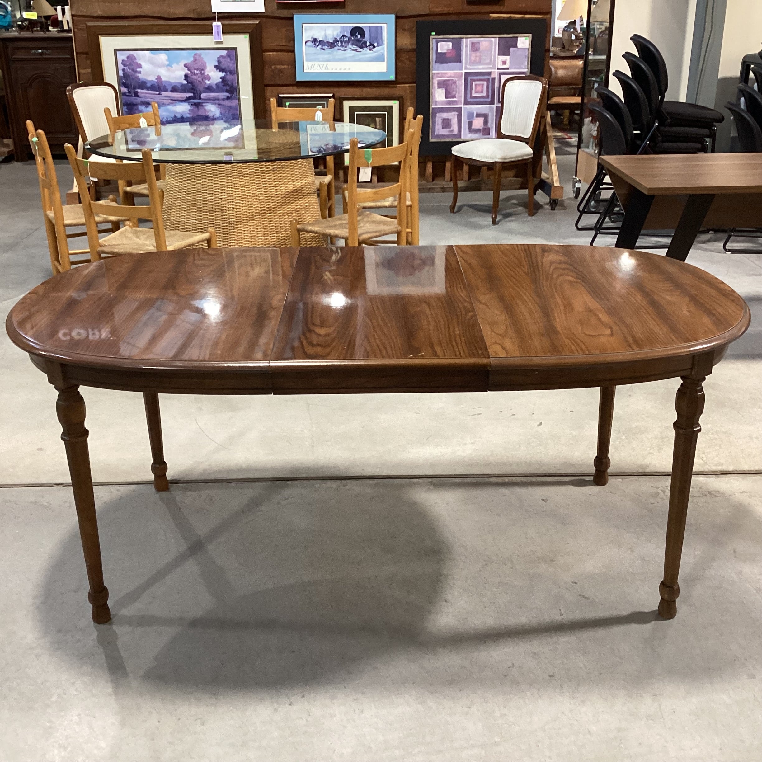 Vintage Carved Wood & Veneer 1 Leaf Oval Dining Table 70"x 38"x 29.5"