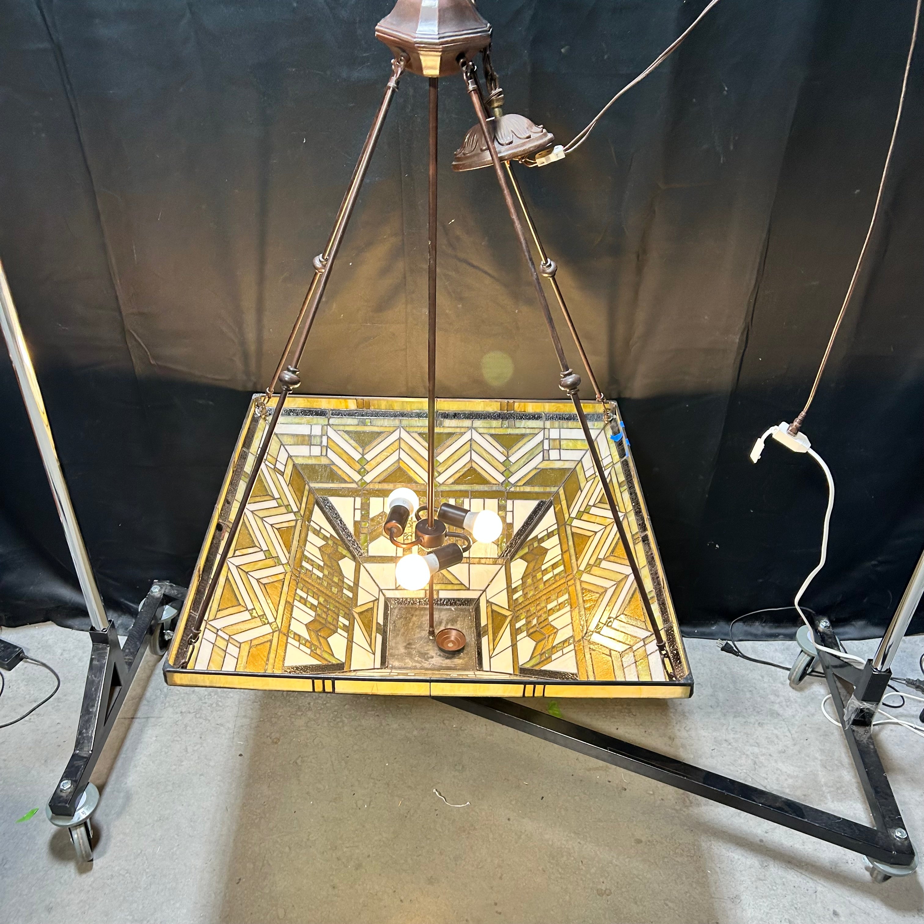 Tiffany mission style inverted 3 Light pendant 30.5"x 30.5"x 48"