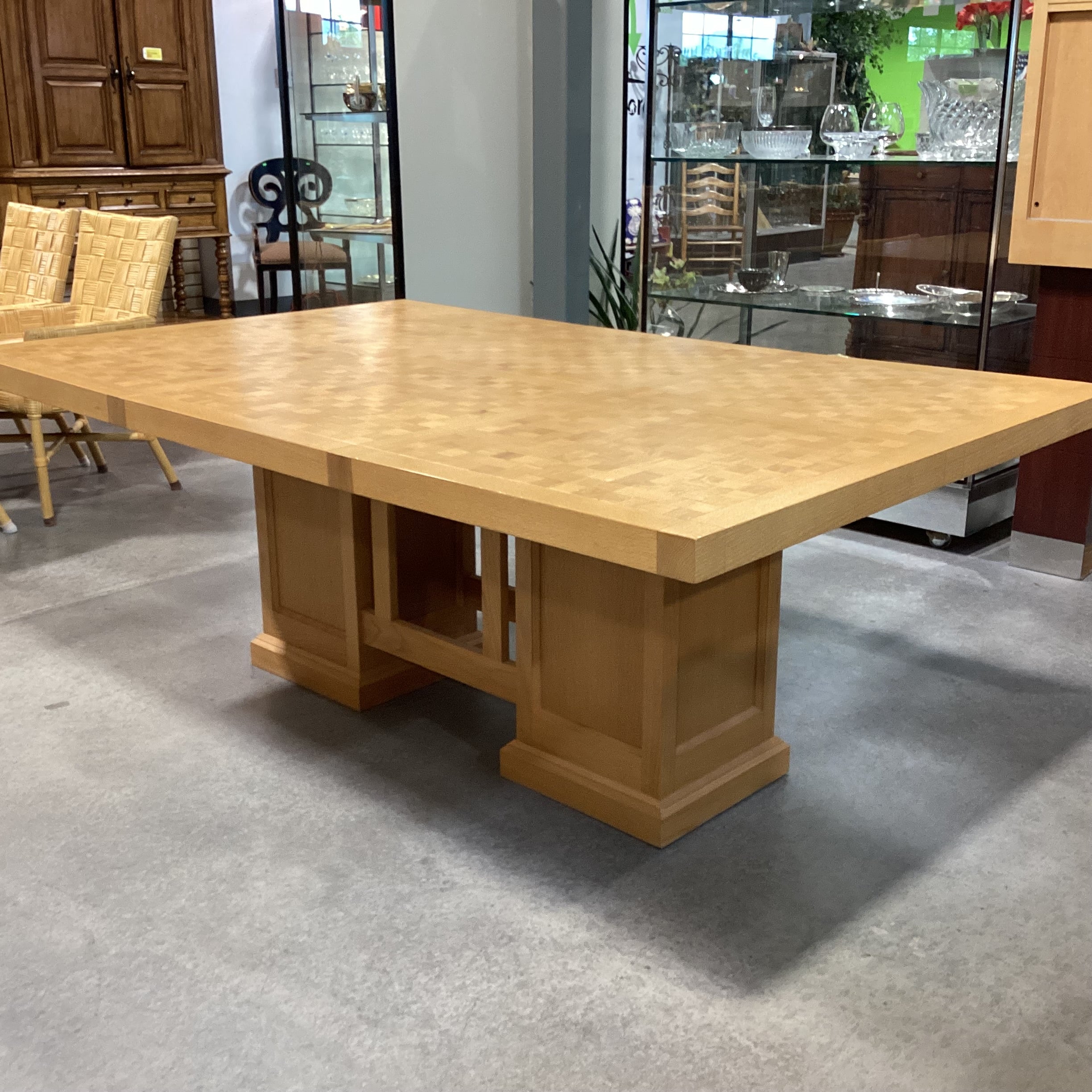 Frank Lloyd Wright Style Light Oak with Block Style Inset Dining Table 77.5"x 49.5"x 29.5"