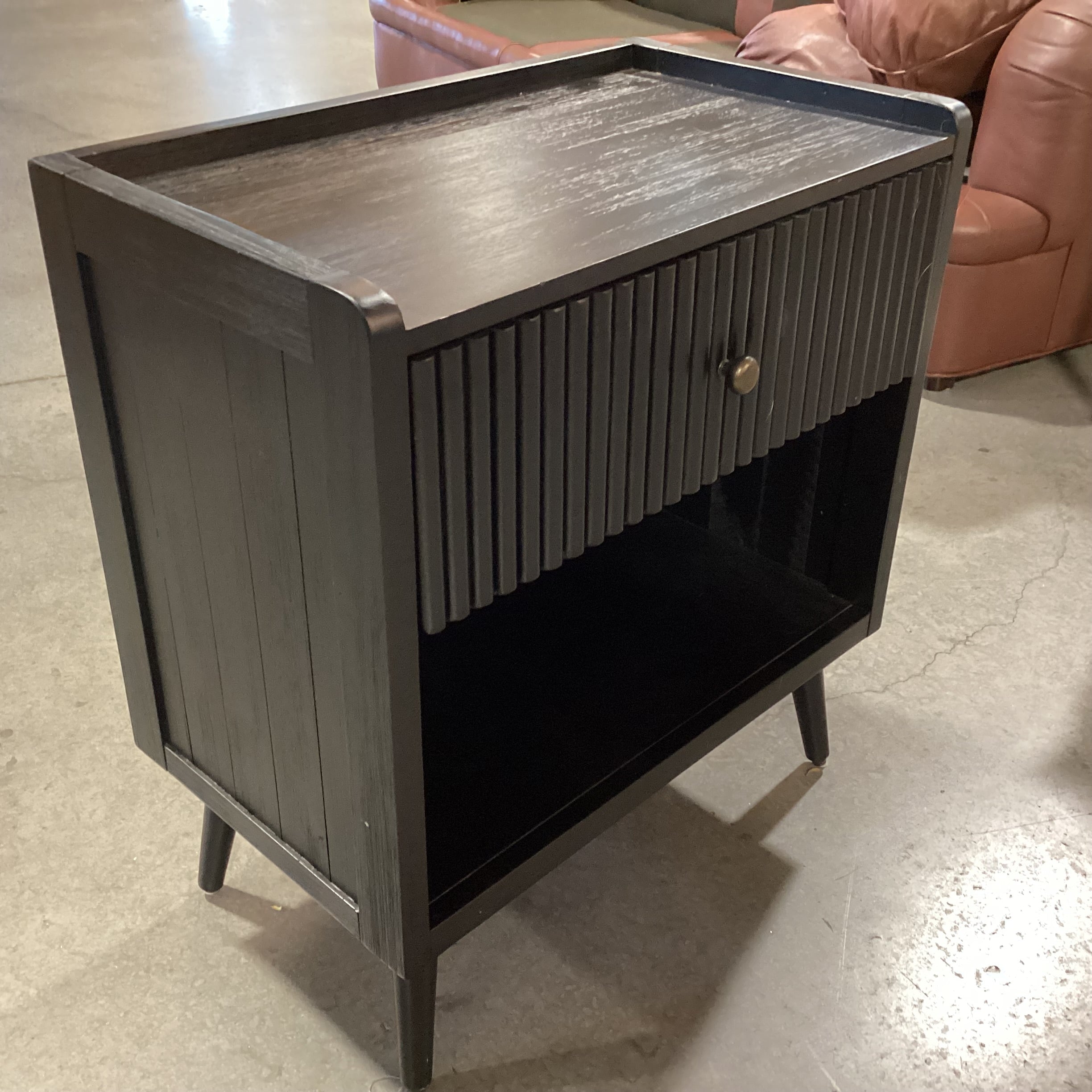 Mid Century Style Black Wood with Ribbed Detail Drawer End Table 24"x 14"x 26,5"