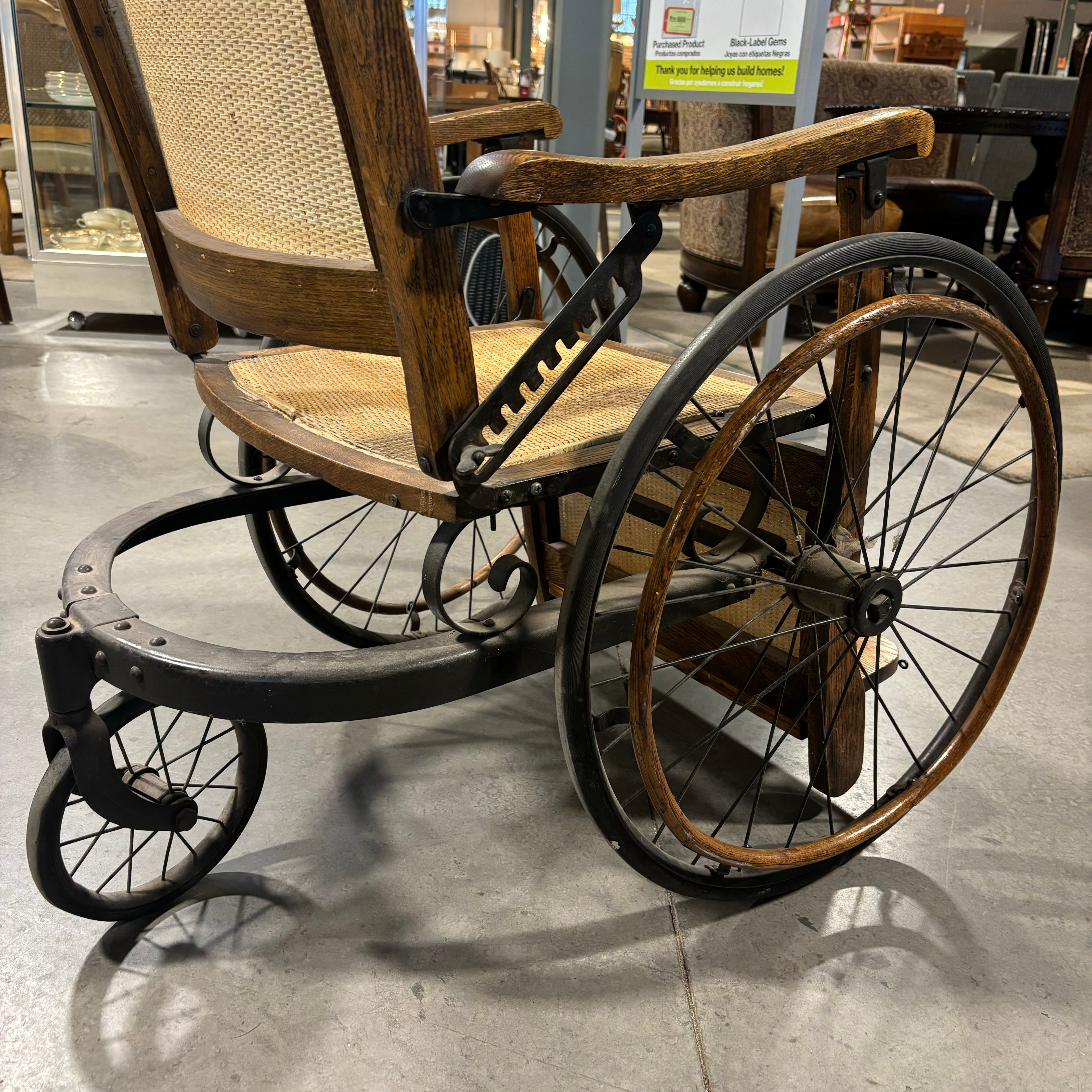Antique Late 19th Century Oak & Wicker Genredon Wheelchair 30"x 36"x 39.5"