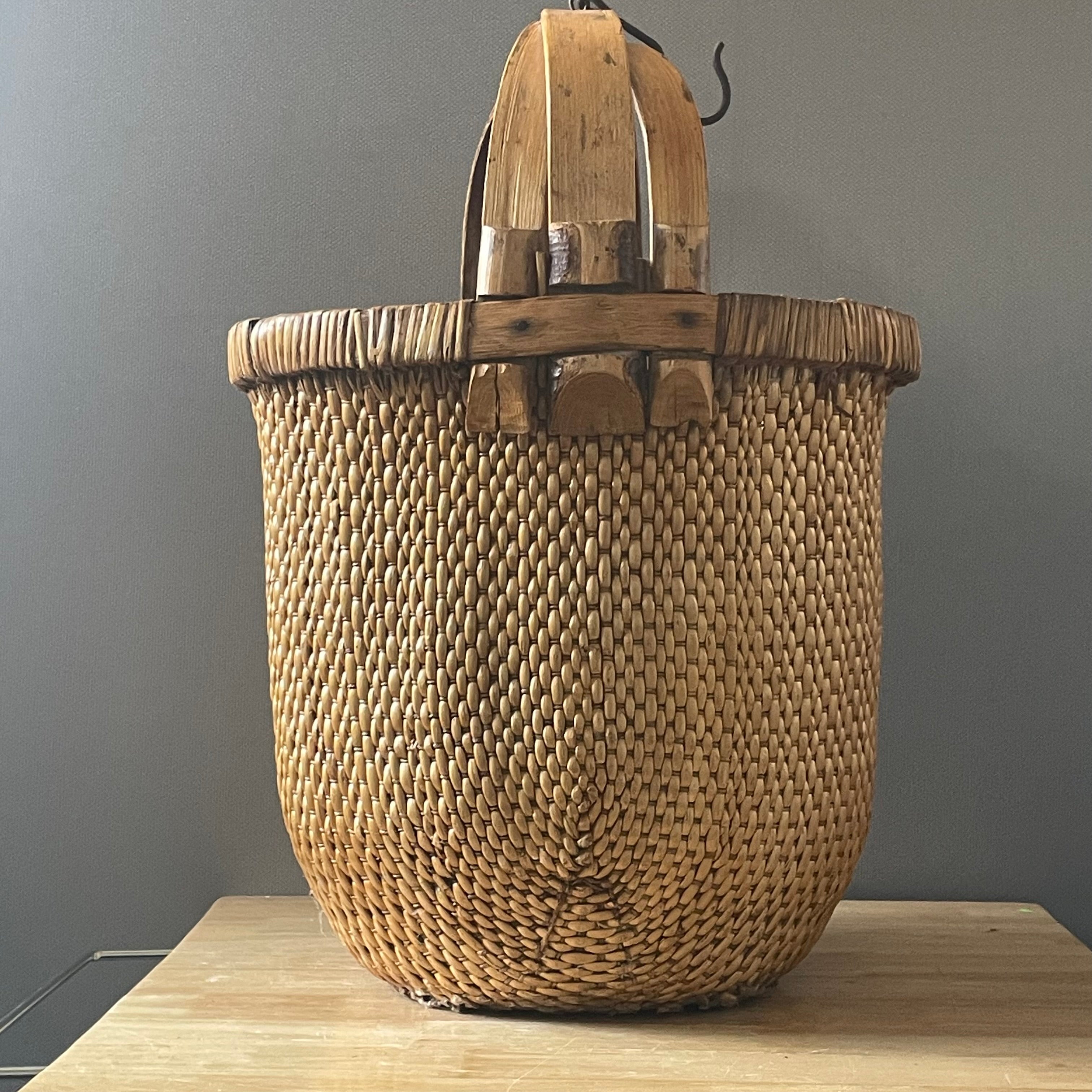Antique Chinese Bamboo, Rattan Woven Rice Bucket, 16"x 13"x 24"