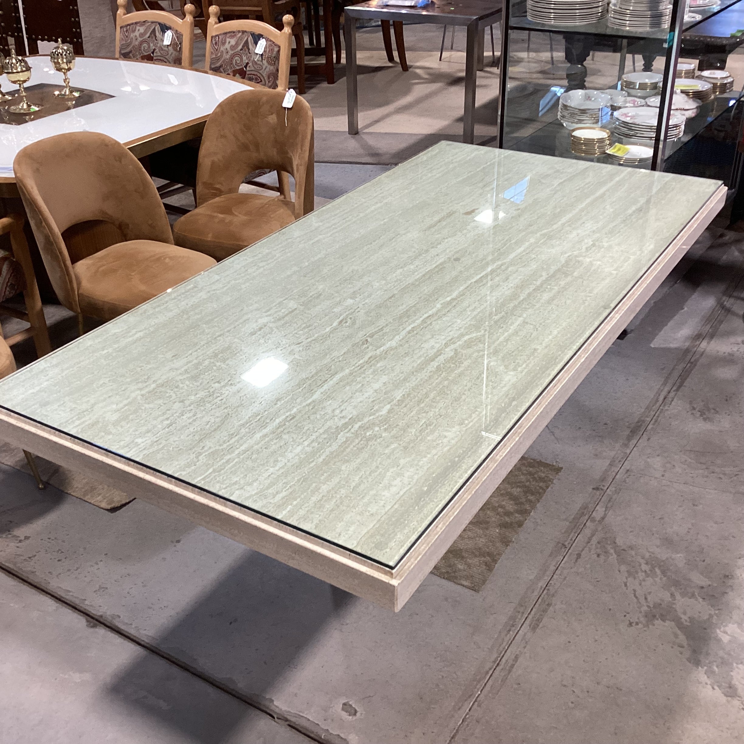 Italian Travertine with Glass Top Dining Table 79"x 39.5"x 30"