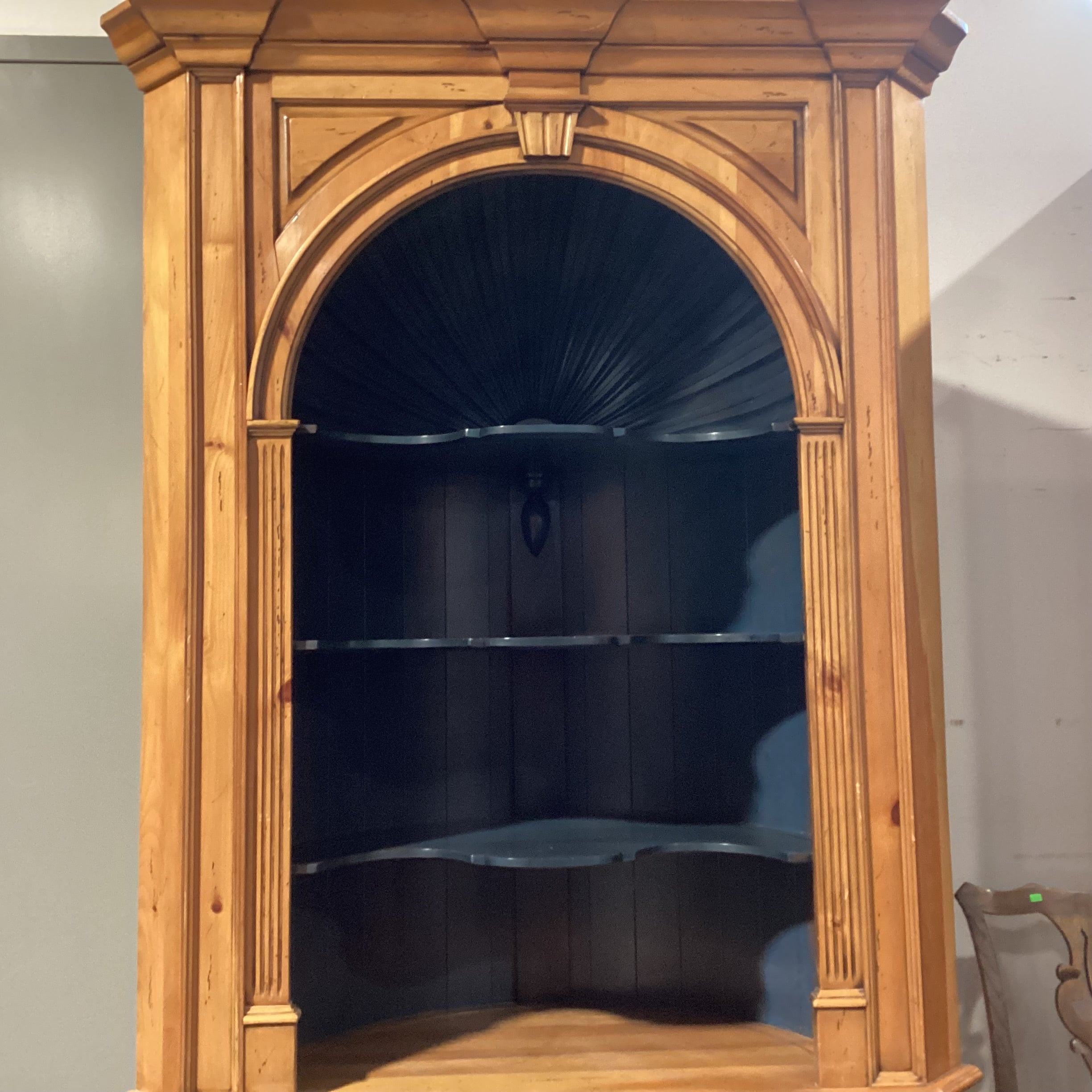 2 Tone Distressed Natural & Teal with Carved Arch Shelves 2 Door Corner Display Armoire 48"x 30"x 88"