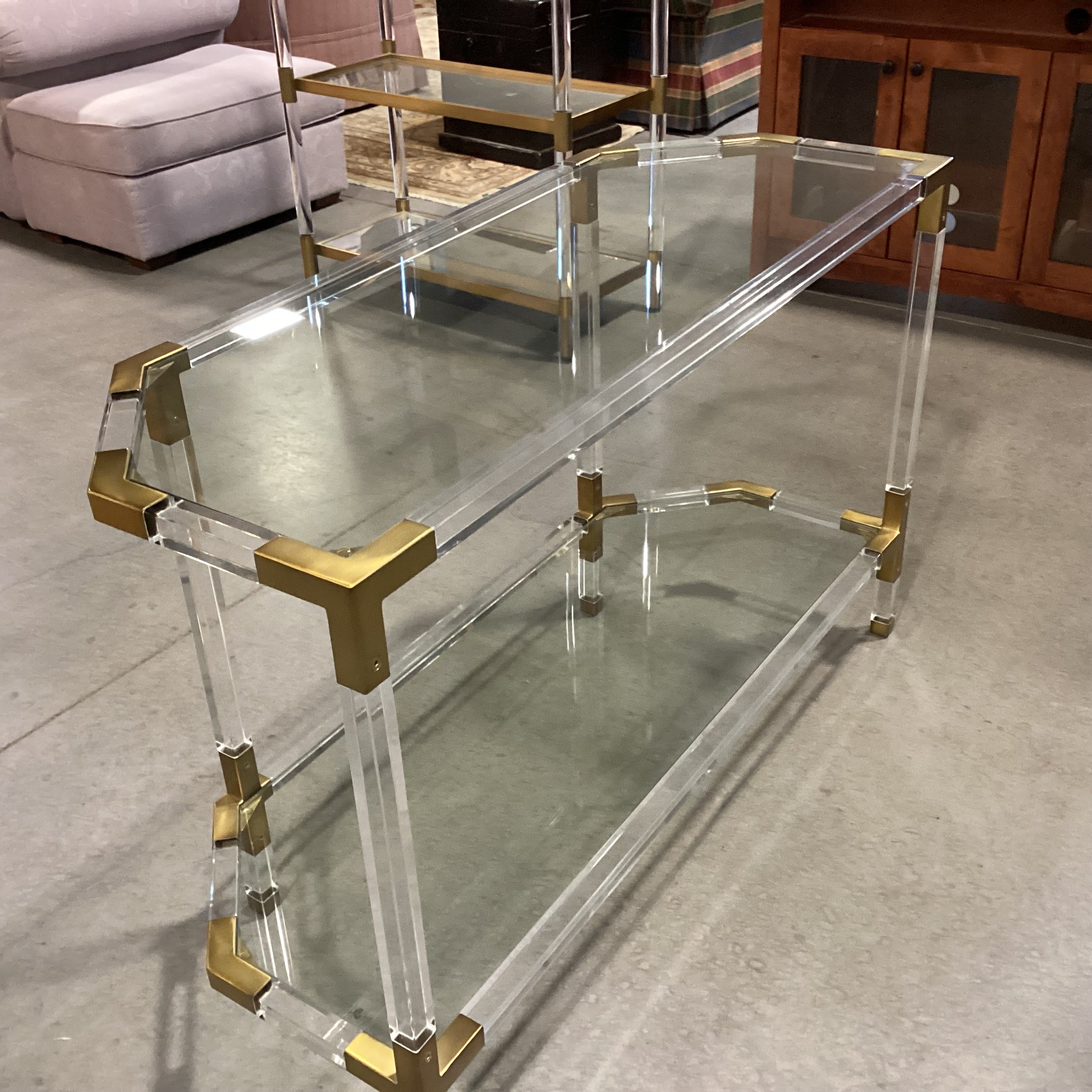 Anthropologie Oscarine Lucite & Glass with Brass Finished Metal Console Sofa Table 47"x 18"x 30"