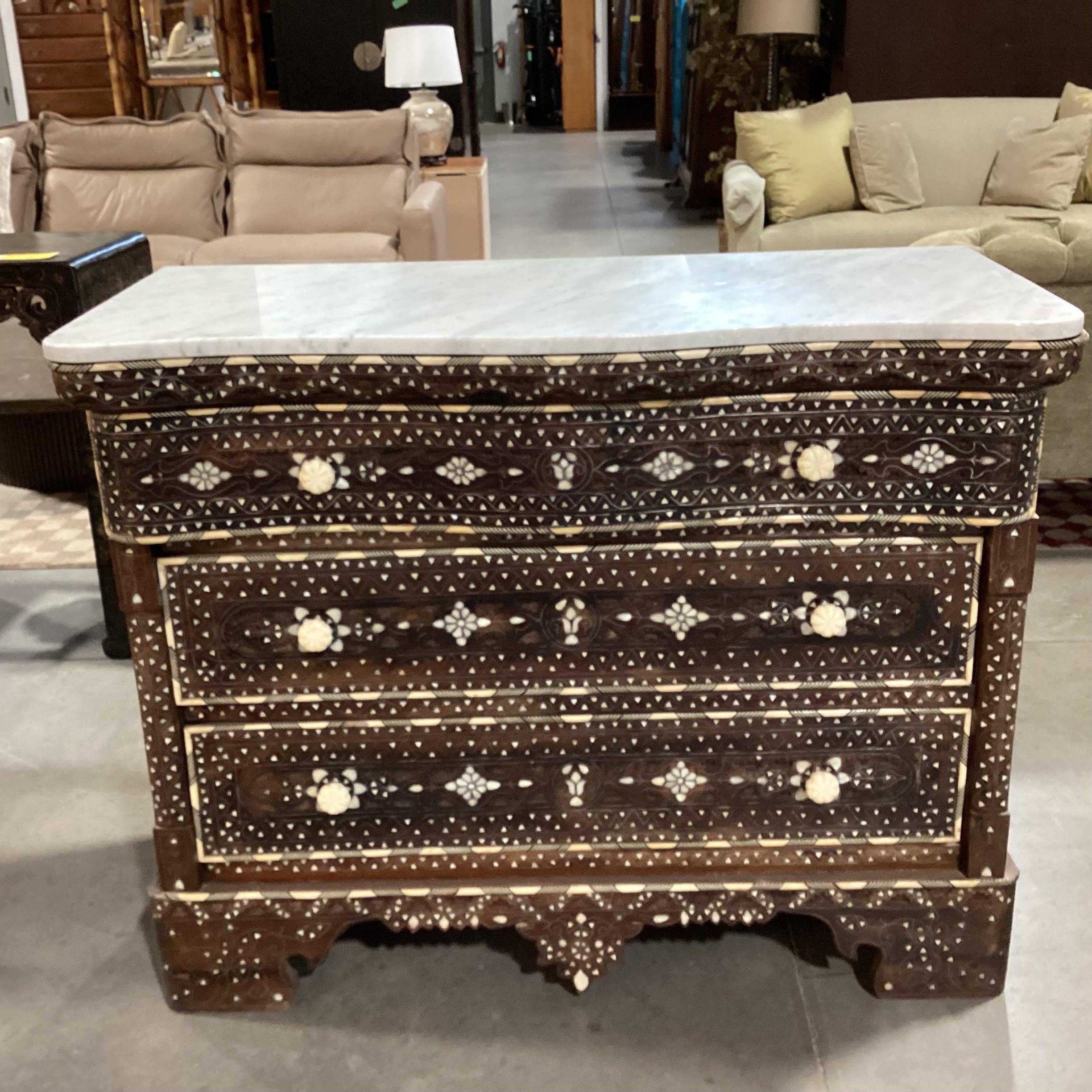 Damascus Carved Wood Mother of Pearl Inlay & Marble Top Wedding Chest 45.5"x 20.5"x 37"