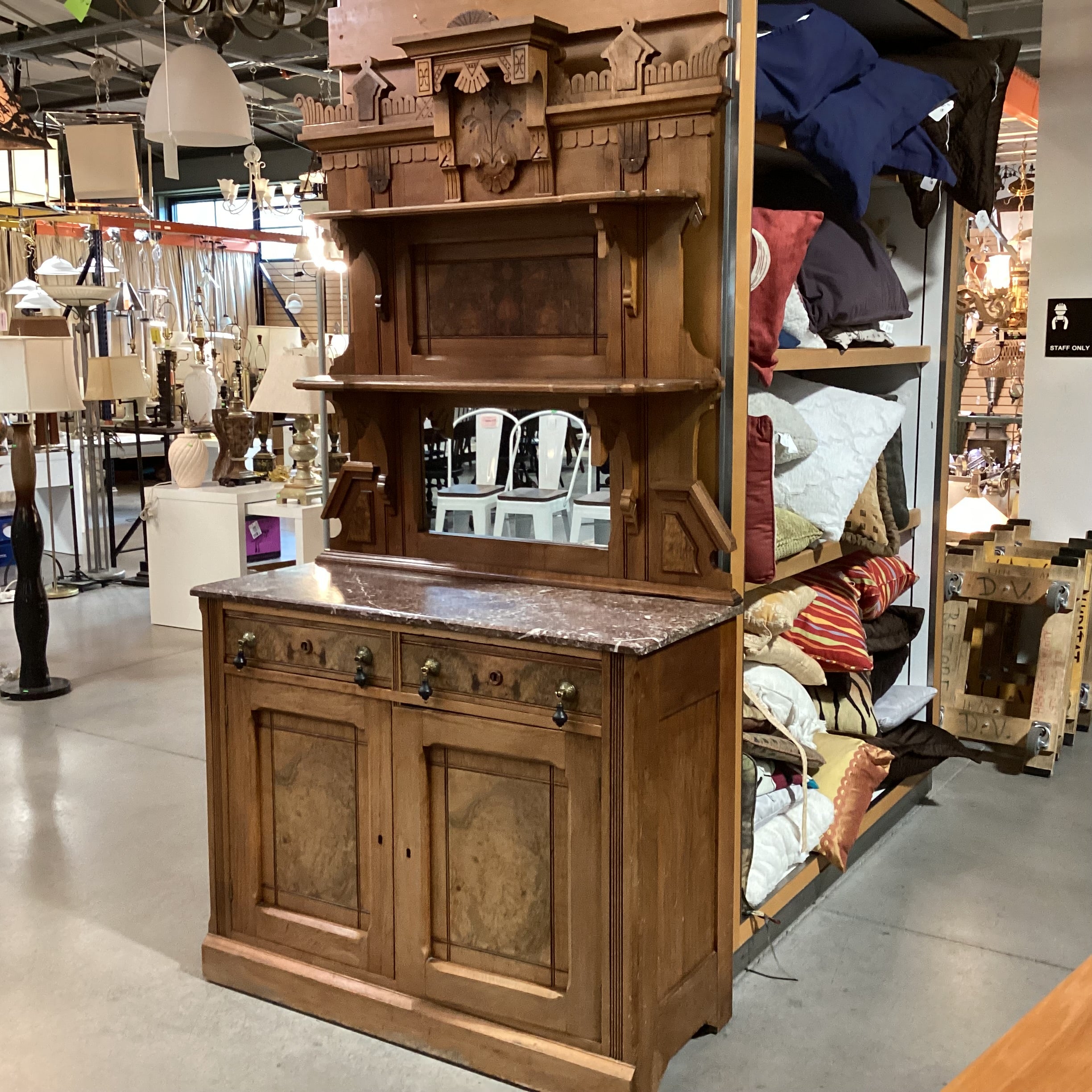 Antique Eastlake Style Carved Wood & Burl Veneer Marble Top with Mirror & Shelves 2 Piece Sideboard 46"x 19"x 85"