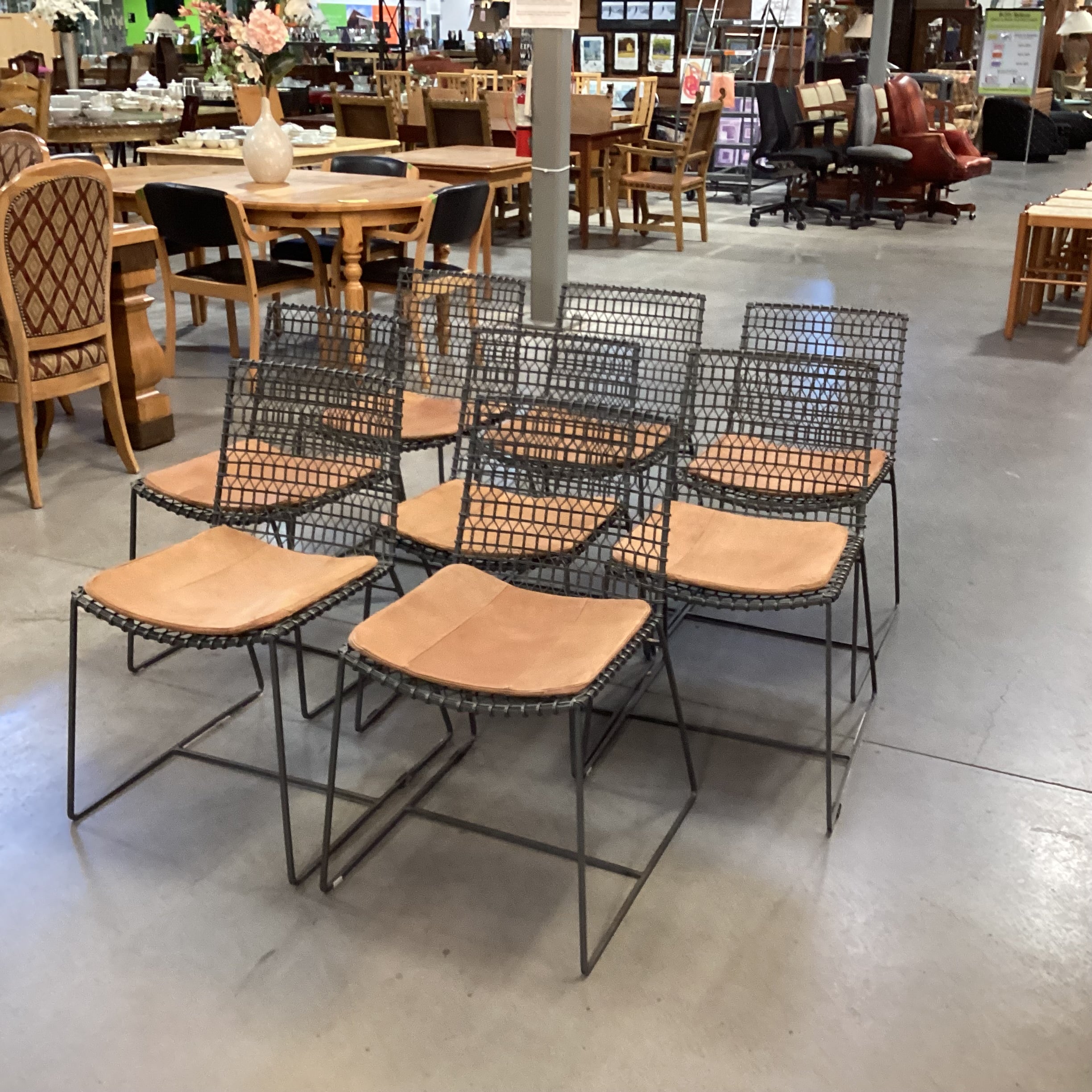Set of 8 Crate & Barrel Tig Metal & Leather Cushion Dining Chairs  18"x 21"x 31"