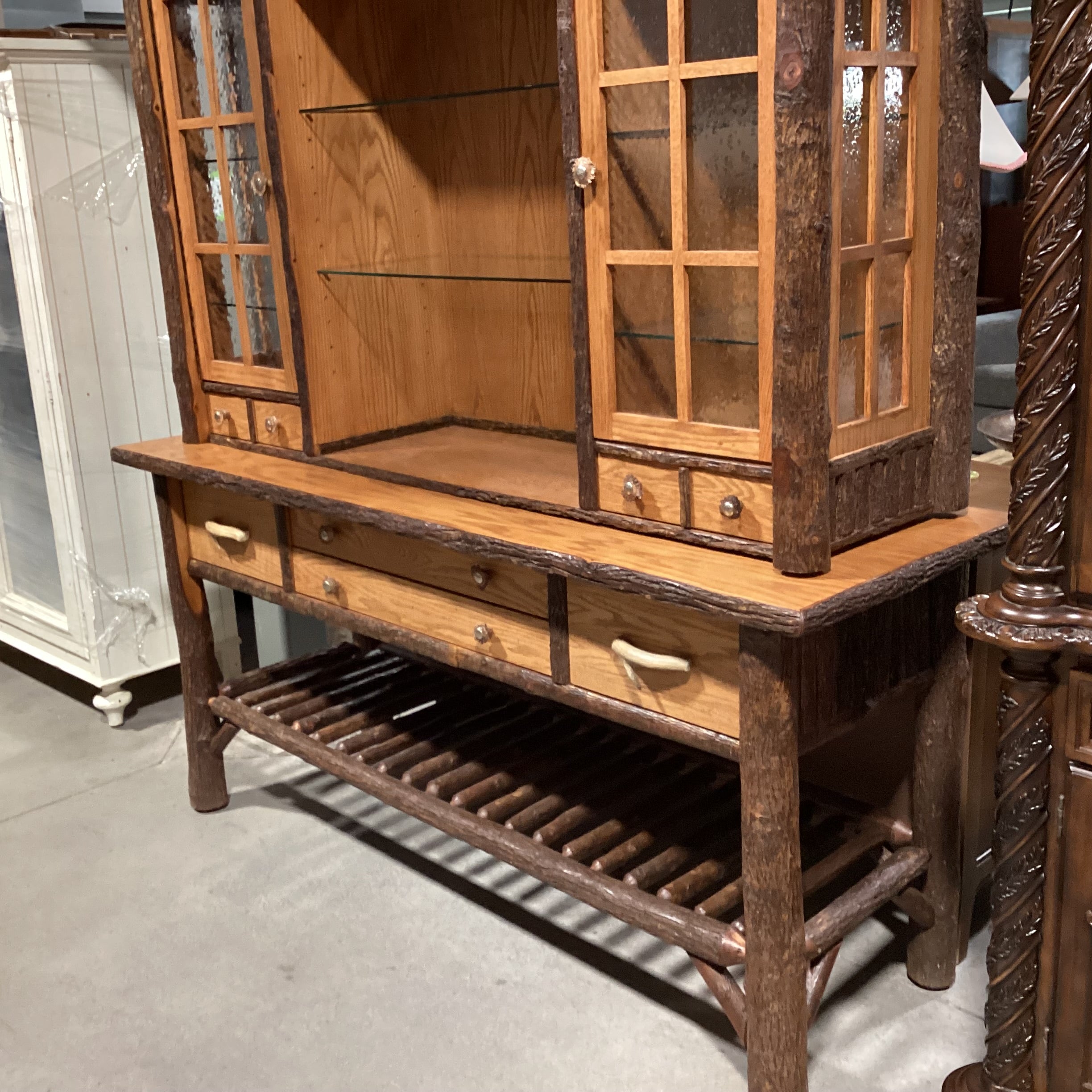 Old Hickory Lodge Craft Big Ranch Hickory Log Oak & Veneers Antler Style Pulls 2 Piece China Hutch 82"x 25.5"x 85"