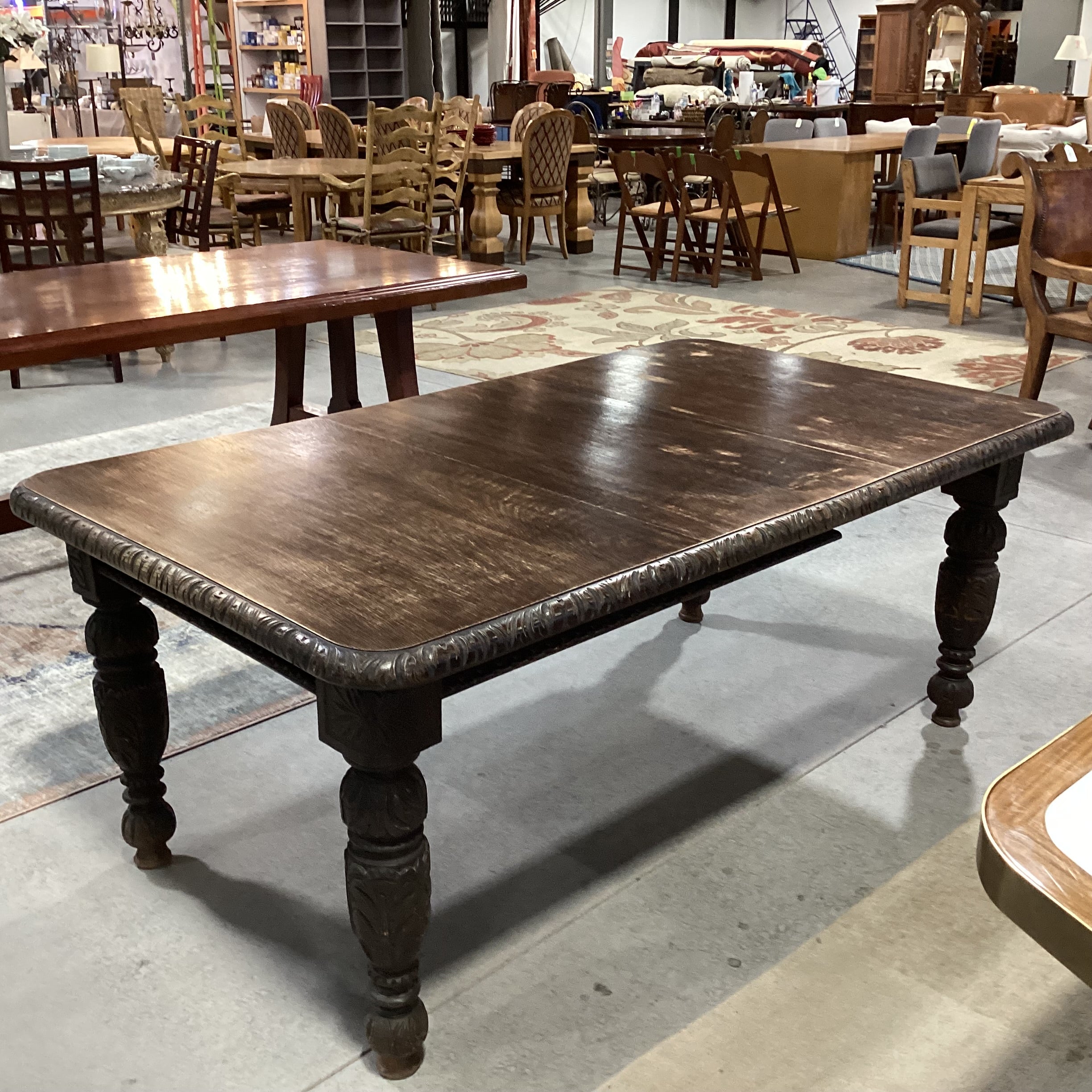 Antique Dark Finish Carved Oak with 1 Leaf Dining Table 70"x 42"x 28"