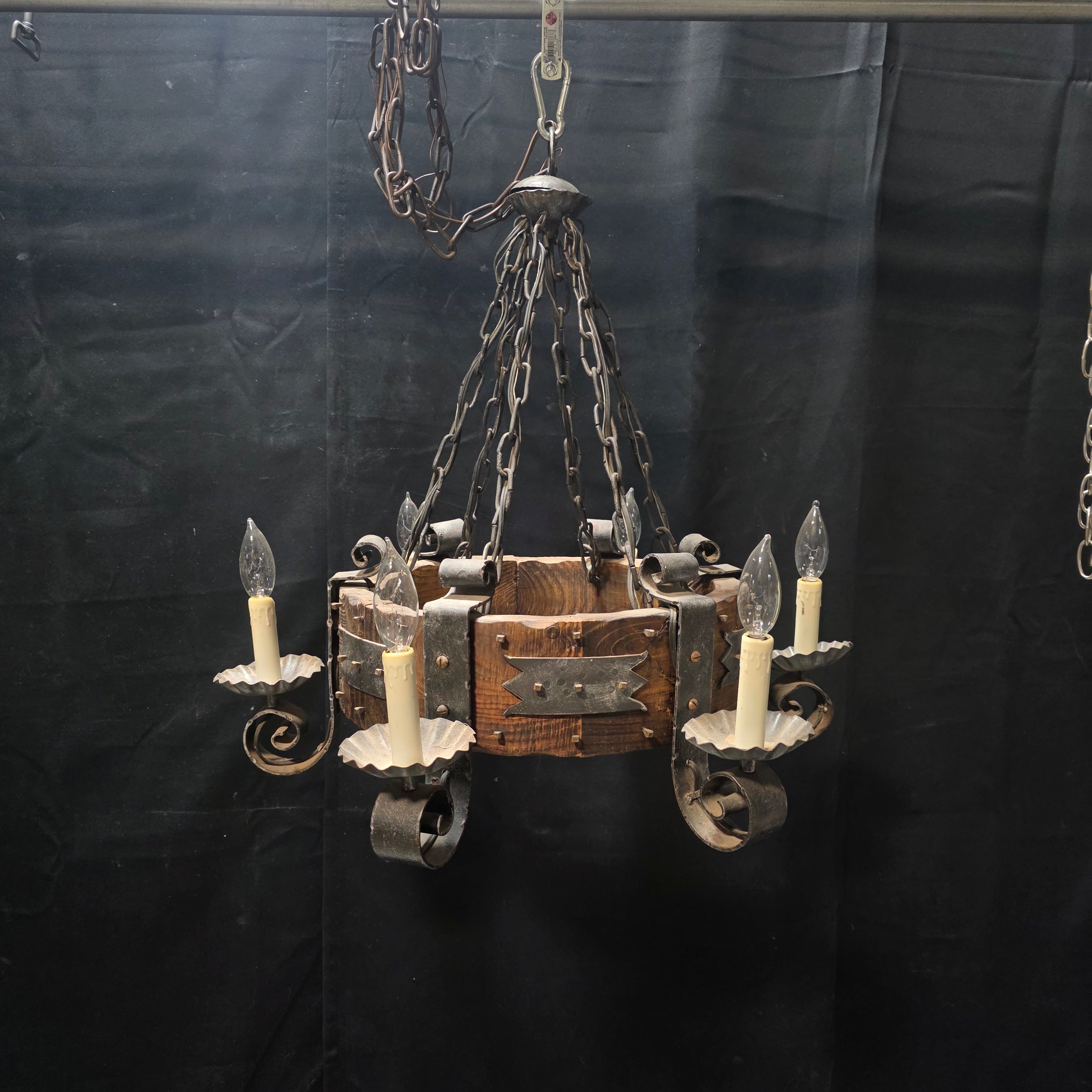 Vintage Medieval Tavern Wrought Iron and Wood Spanish Revival 6 Light Chandelier 22"Dx23"