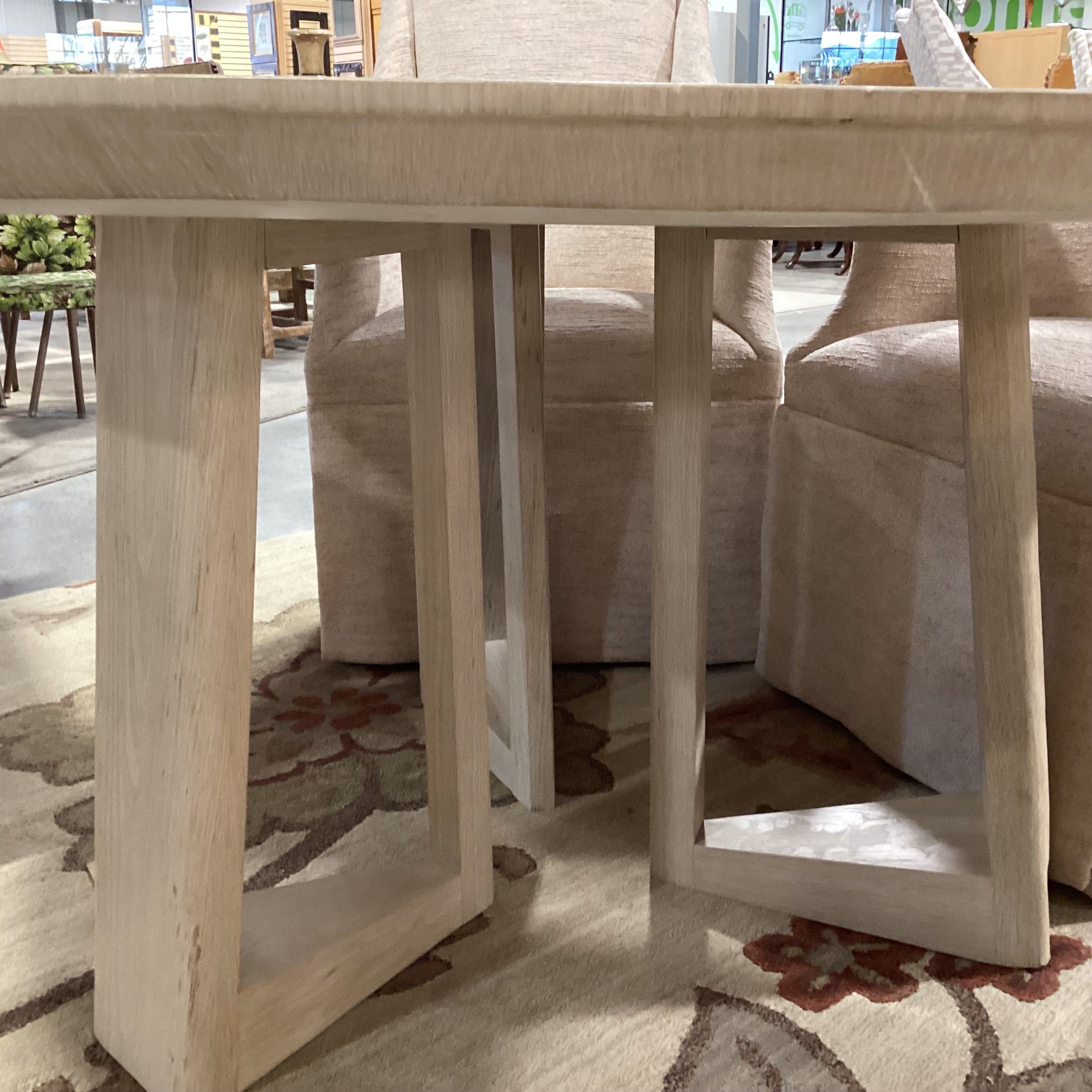 Custom Round Washed Wood & 5 Century Furniture Beige Cream Chenille Woven Slope Arm Chairs Dining Set 60" Diameter x 29"