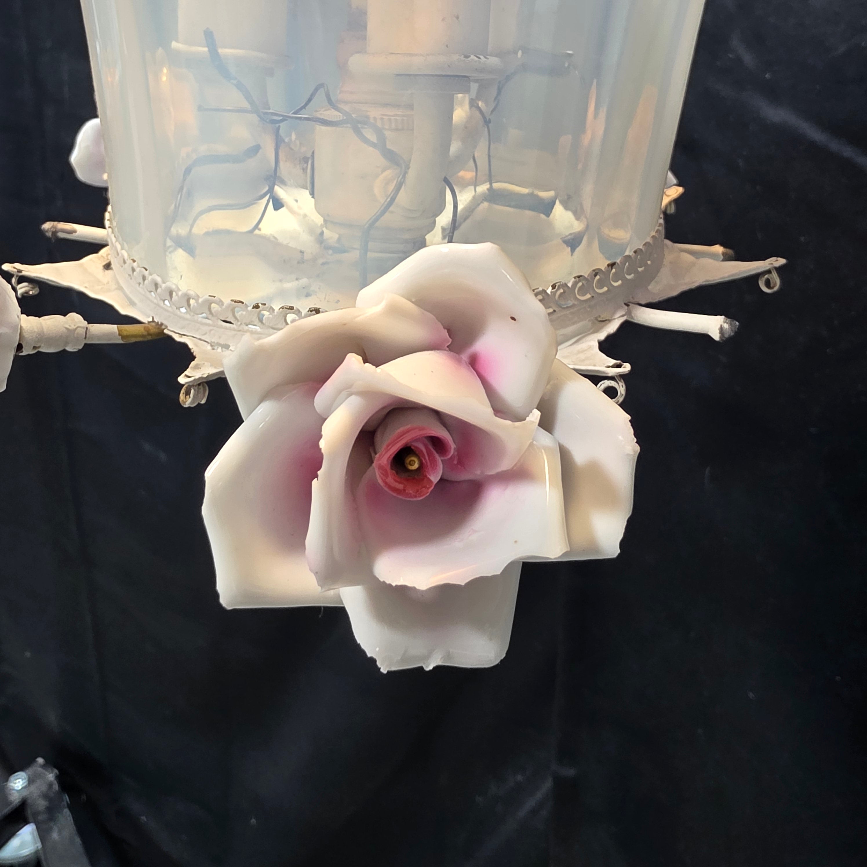 Vintage Burmese Pink Fenton Glass Rose Three Light Rose Chandelier with Crystals 10"Dx24"