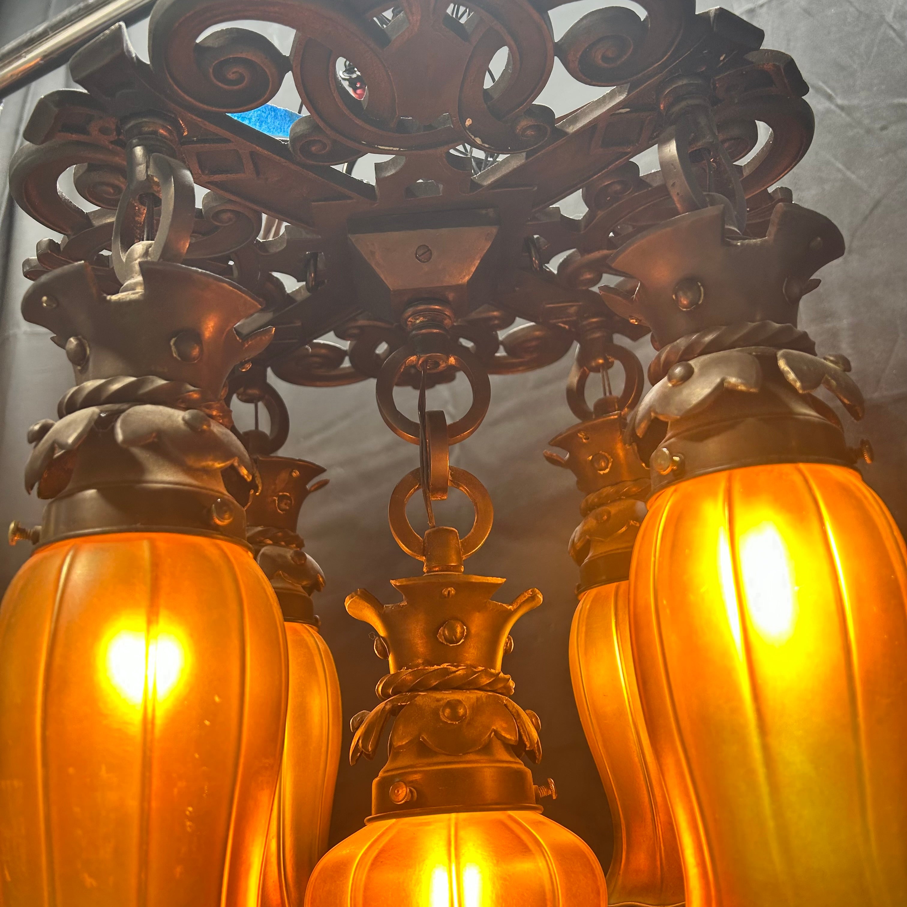 Caldwell Lighting Circa 1905 Cast Iron With 4 Steuben & 1 Quezal Iridescent Glass Shades Flush Mount 15"x 12.5"ades