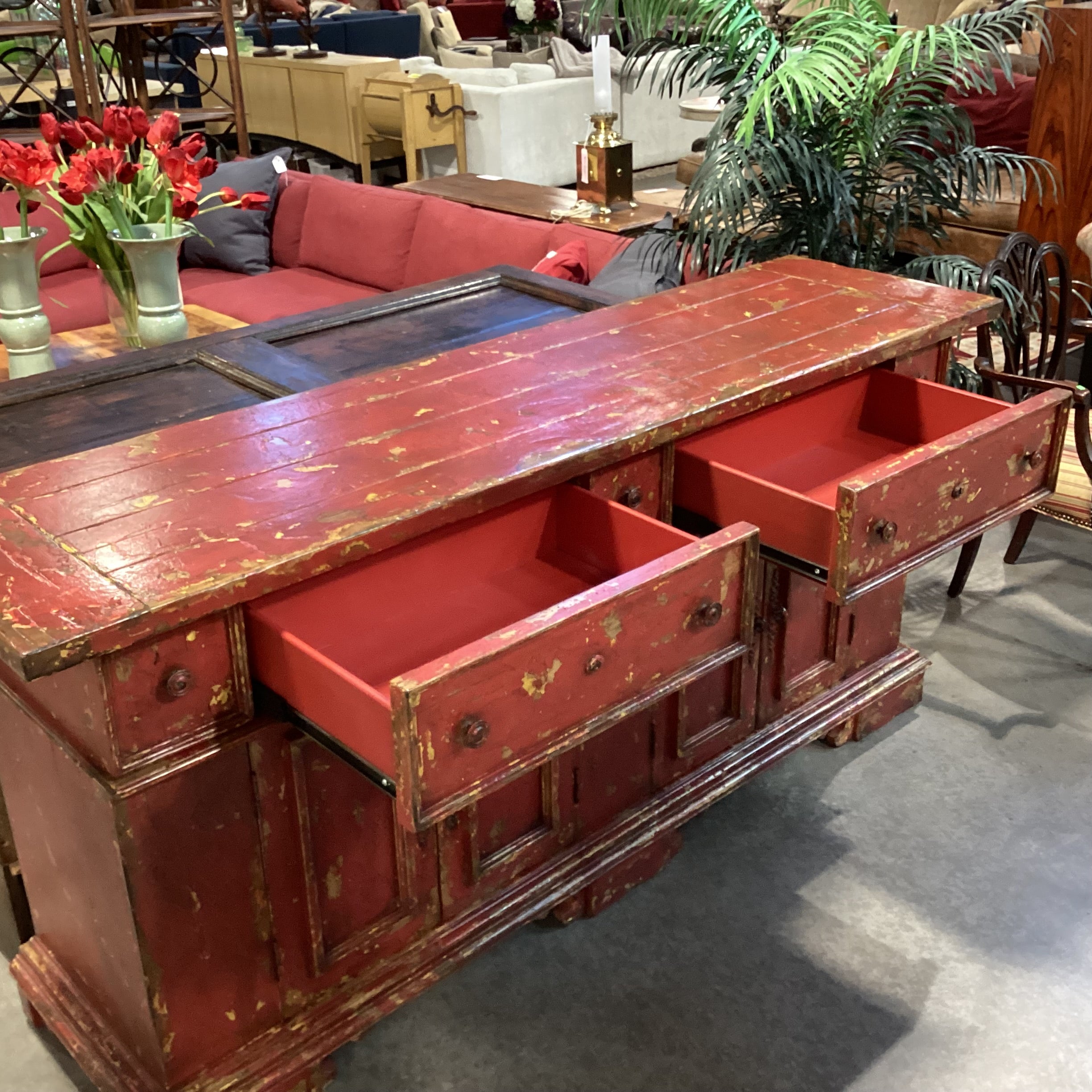 Red & Gold Textured Antiqued Finish Solid Wood 5 Drawer 4 Door Credenza 83"x 22"x 39"