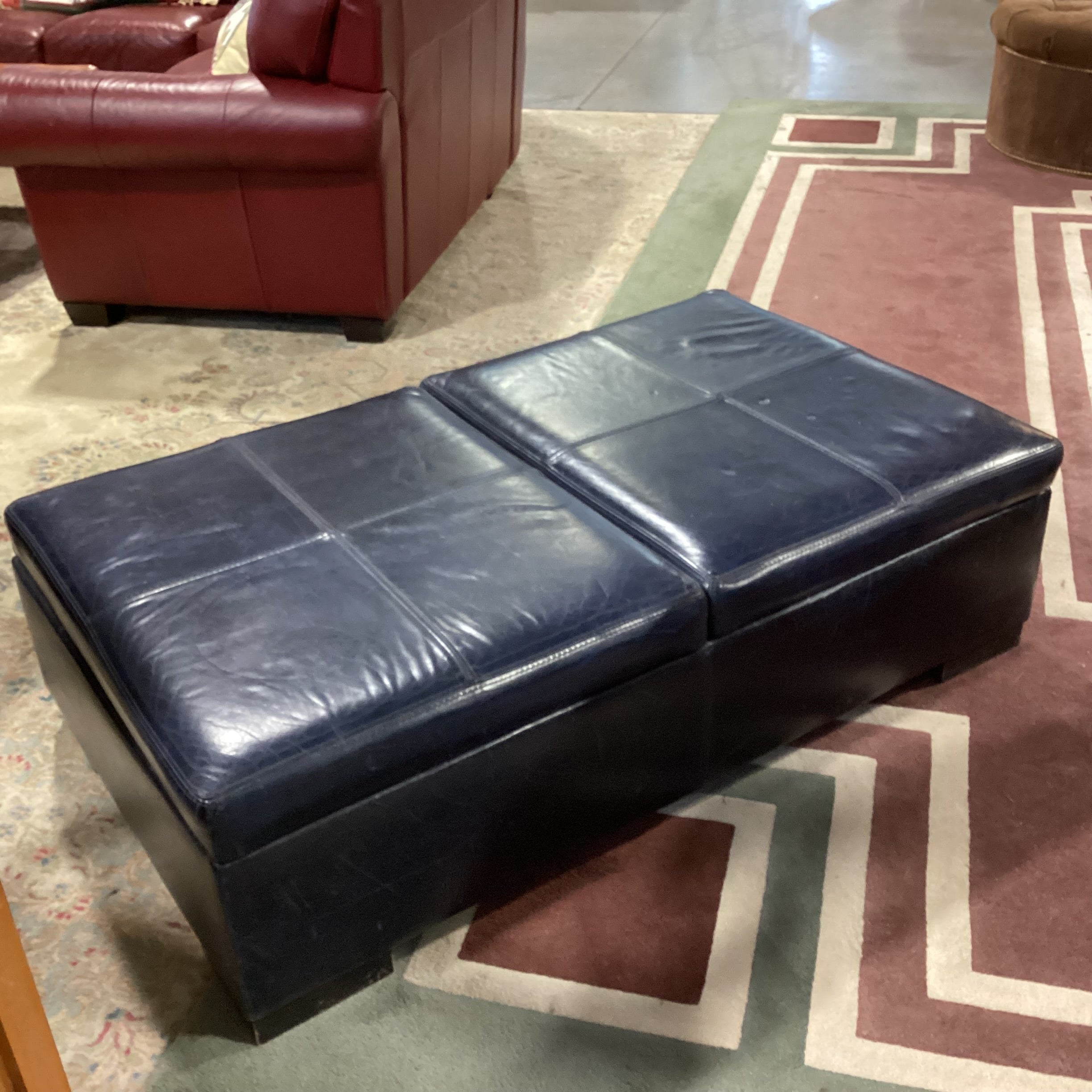 Navy Leather with Storage Bench Ottoman 52.5"x 30"x 16"