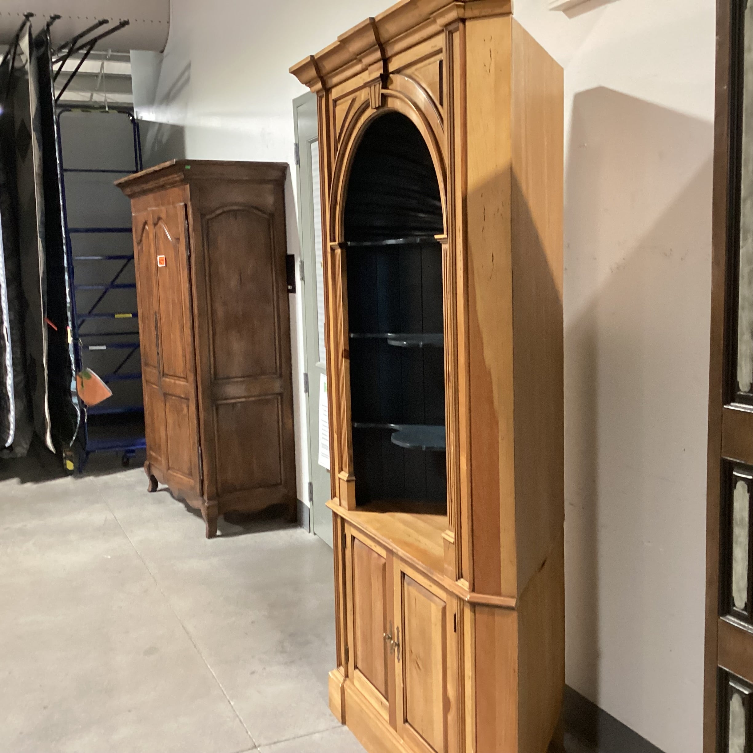 2 Tone Distressed Natural & Teal with Carved Arch Shelves 2 Door Corner Display Armoire 48"x 30"x 88"