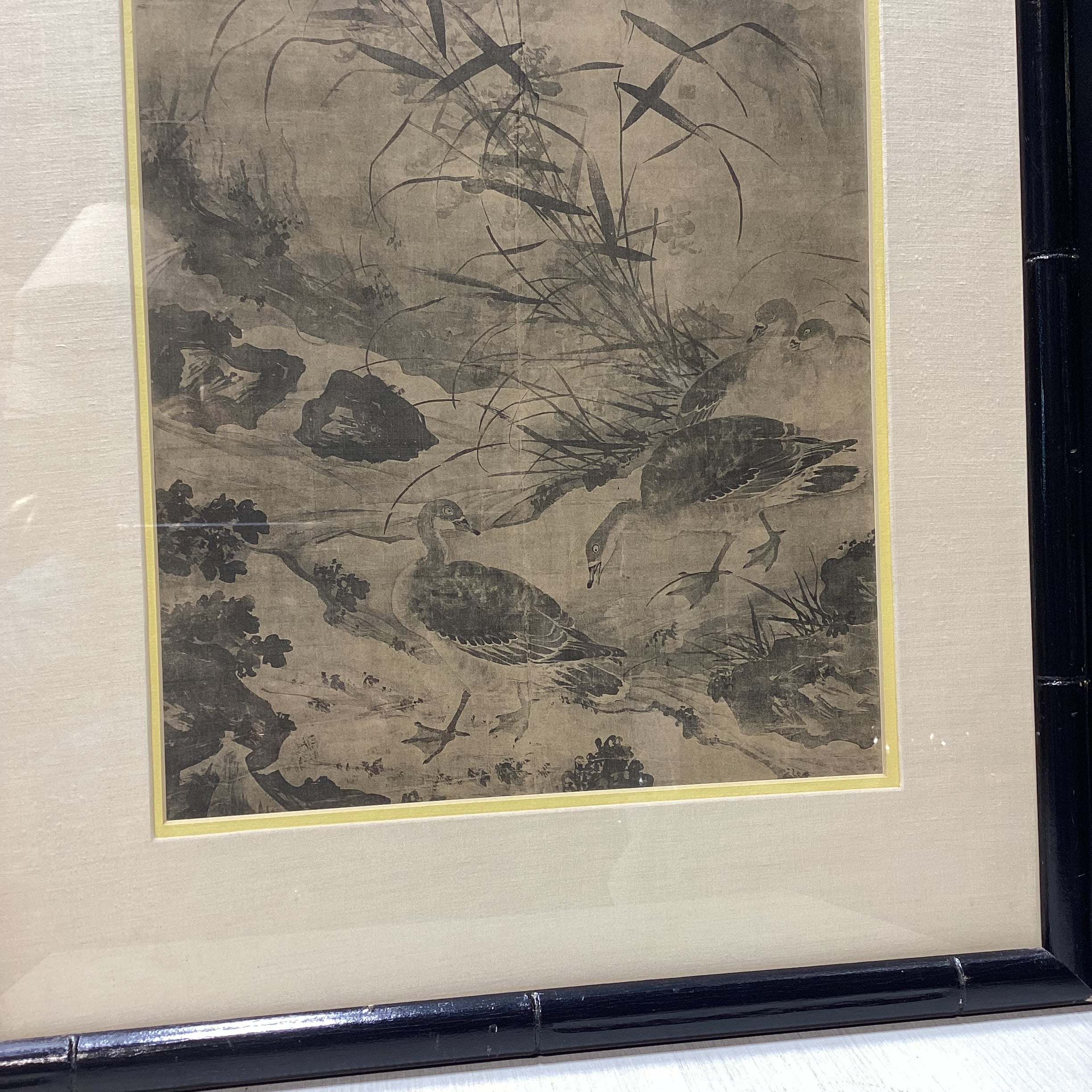 Vintage Lin Liang "Wild Geese By A Mountain Stream" Framed Print 18.5" x 26"