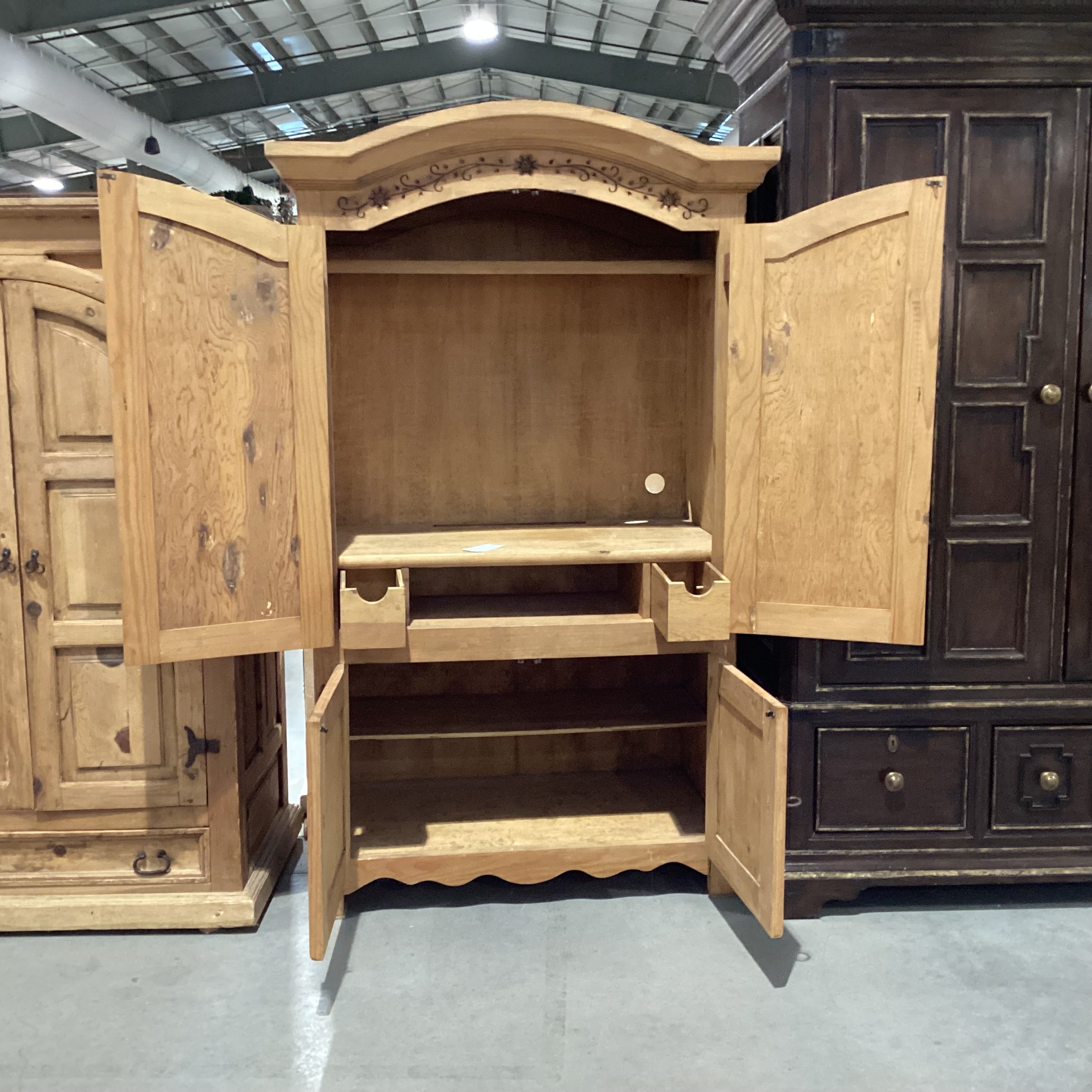 Arched Rustic Natural Carved Wood 4 Door with Shelves & 2 Drawer Armoire 48.5"x 26"x 80.5"