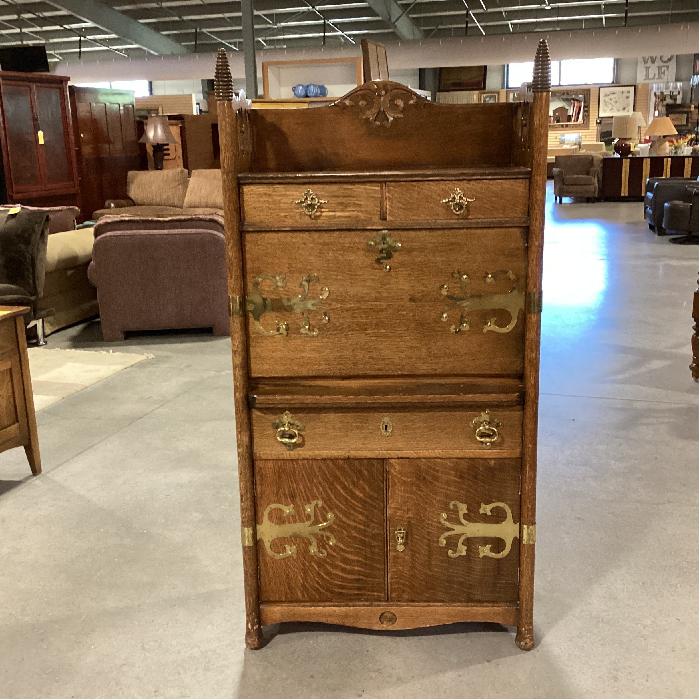 Antique Finished Quarter Sawn Oak with New Brass Embellishments Secretary Desk 29"x 14"x 58.5"