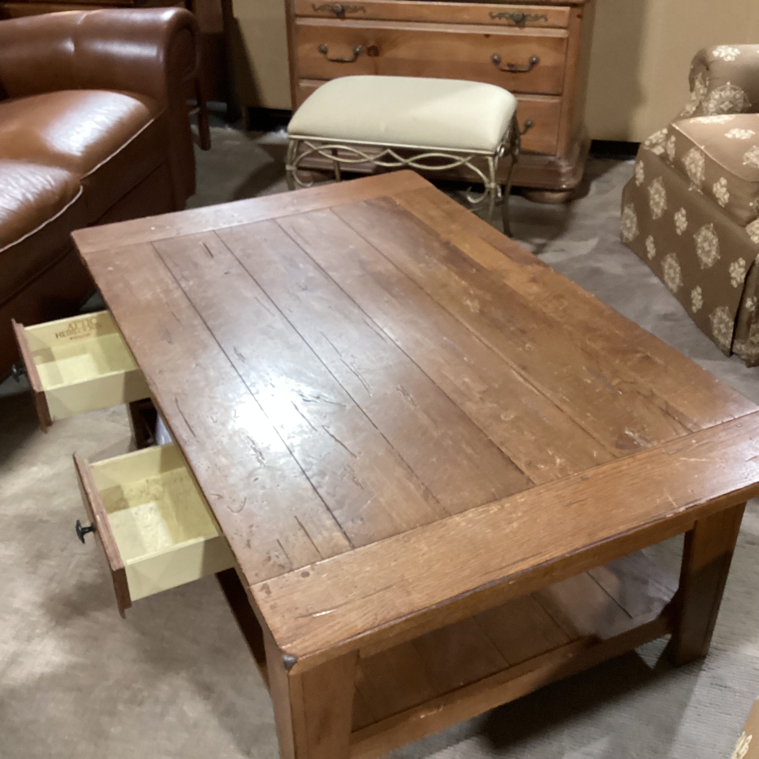 Attic Heirlooms by Broyhill Distressed Finish Wood 2 Drawer with Bottom Shelf Coffee Table 50"x 32"x 19.5"