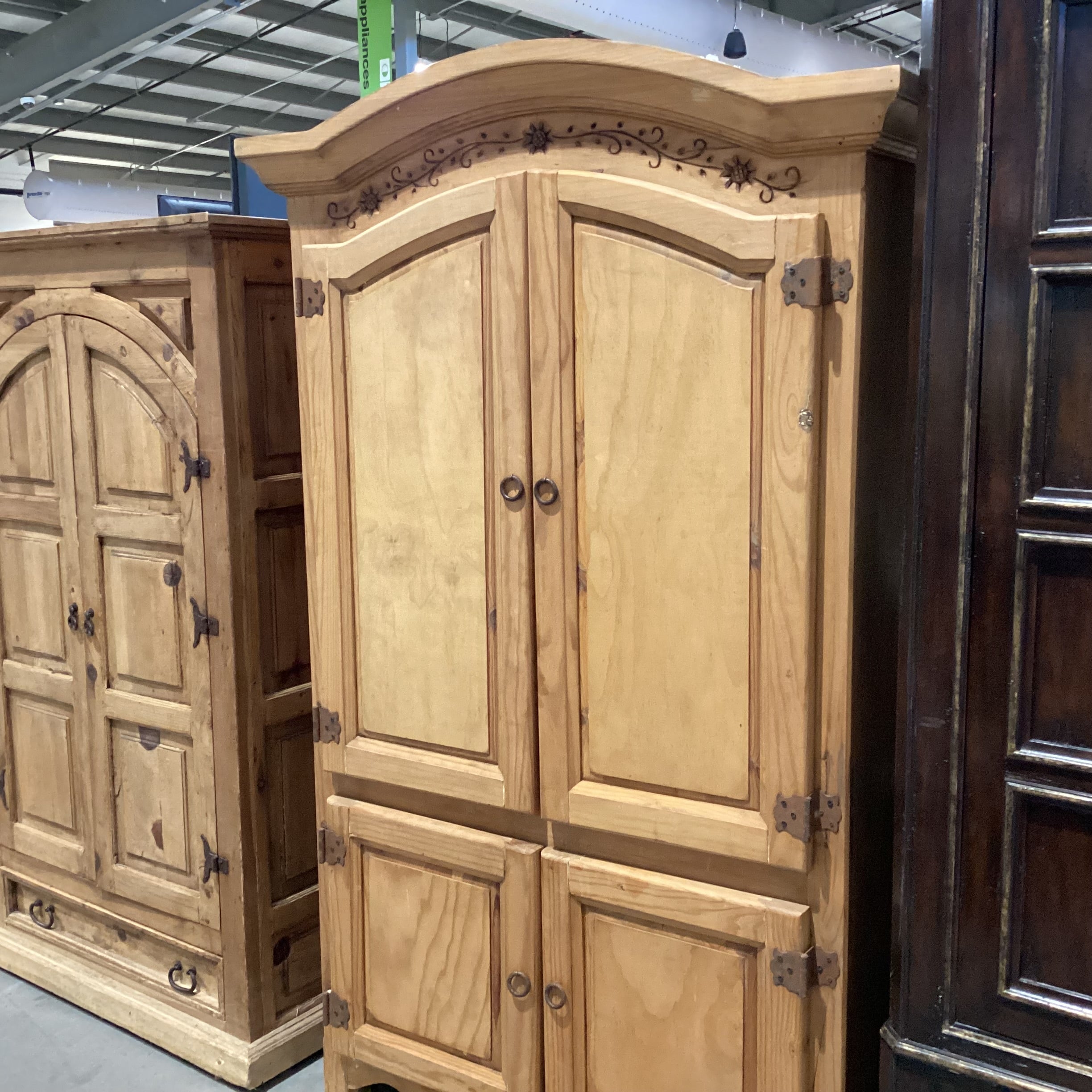 Arched Rustic Natural Carved Wood 4 Door with Shelves & 2 Drawer Armoire 48.5"x 26"x 80.5"