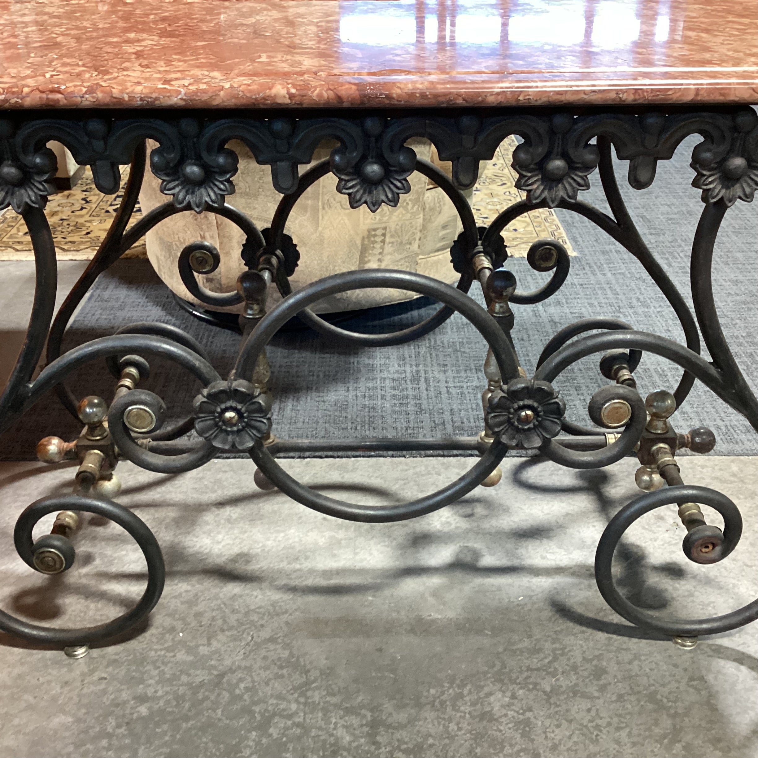 Antique French Ornate Iron & Original Marble Baker's Accent Table 52"x 23"x 31"