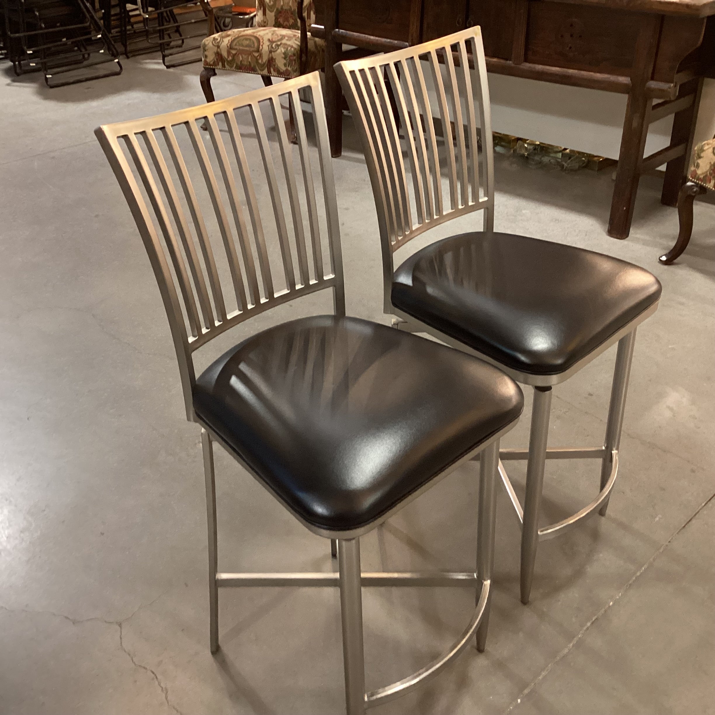 SET of 2 Ashtyn Brushed Nickel Finish Metal & Black Faux Leather Return Swivel Barstools 26"