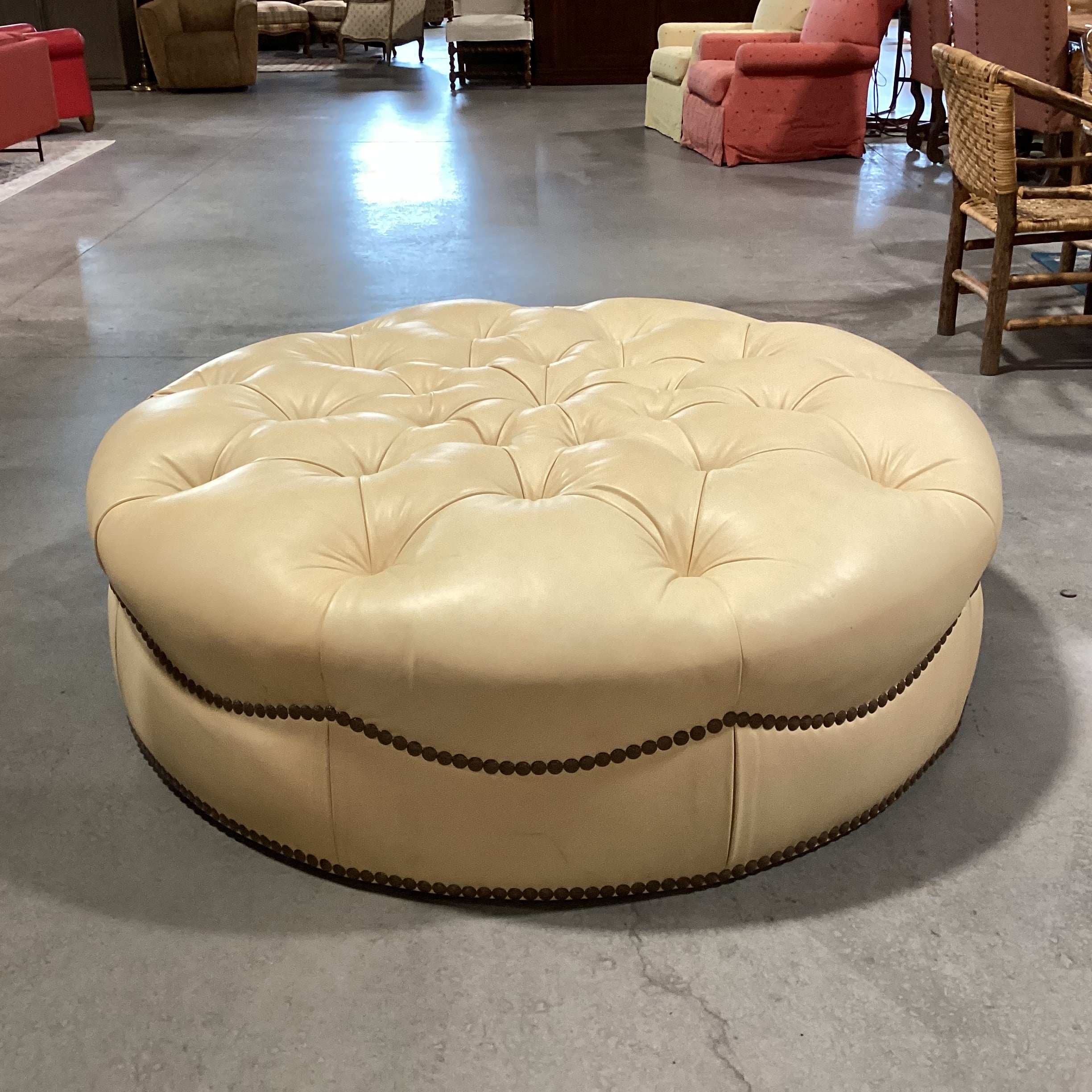 JJ Custom Butter Leather Tufted Nailhead Oversized Ottoman 60" Diameter x 19"
