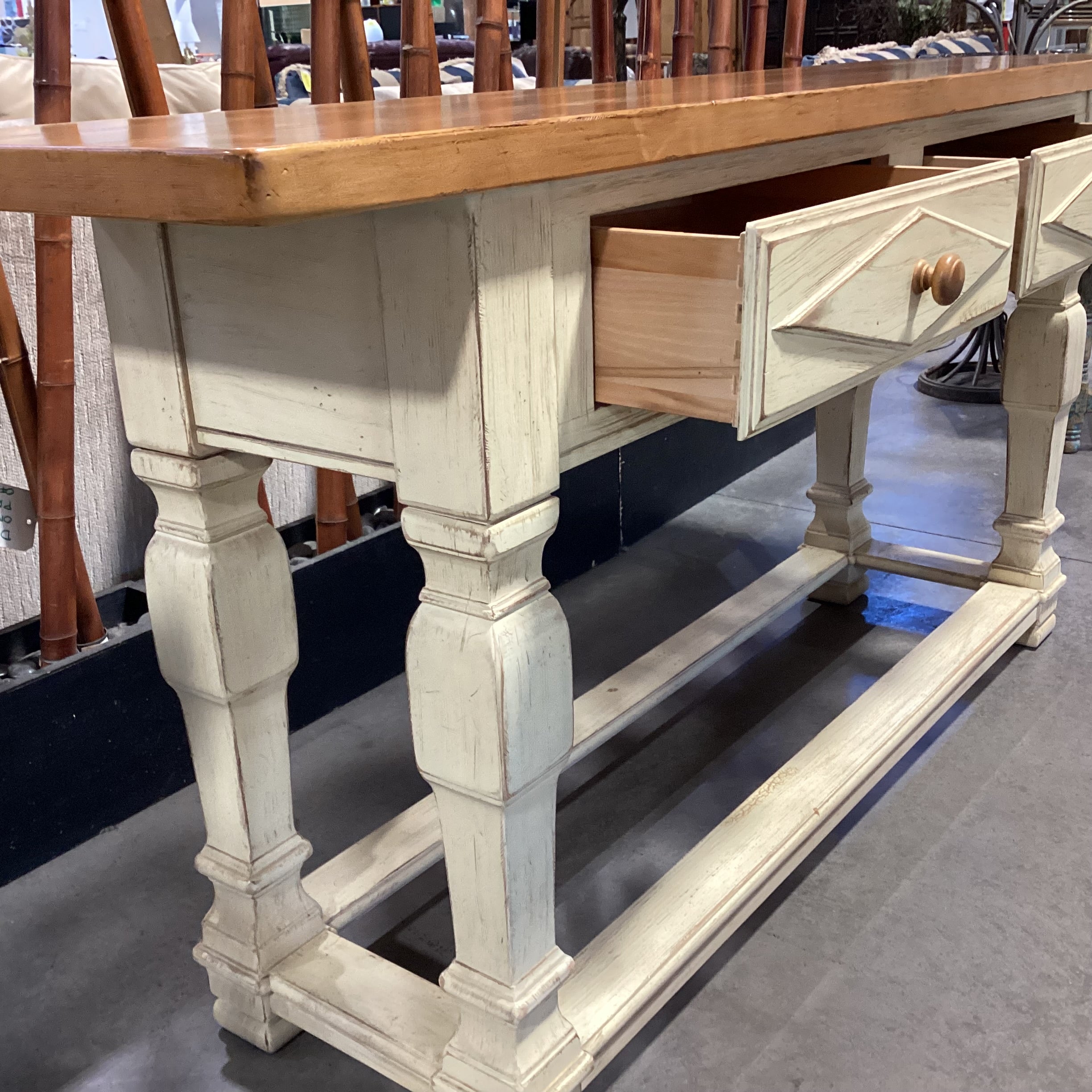 Drexel Cream & Finished Distressed Carved Wood 2 Drawer Sofa Table 72"x 18"x 55.5"