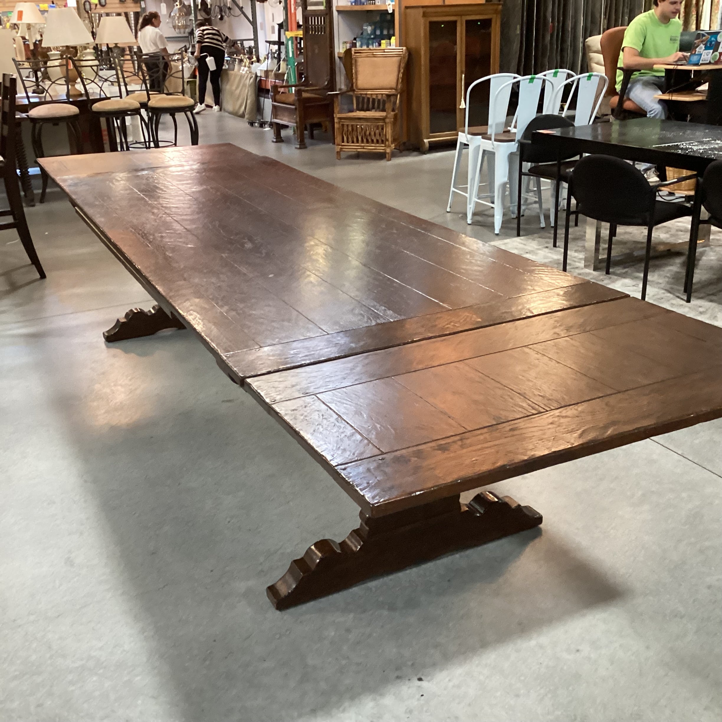 Antique Dark Finish Wood with End Extend Leaves & Trestle Dining Table 108" to 155"x 42"x 30.5"