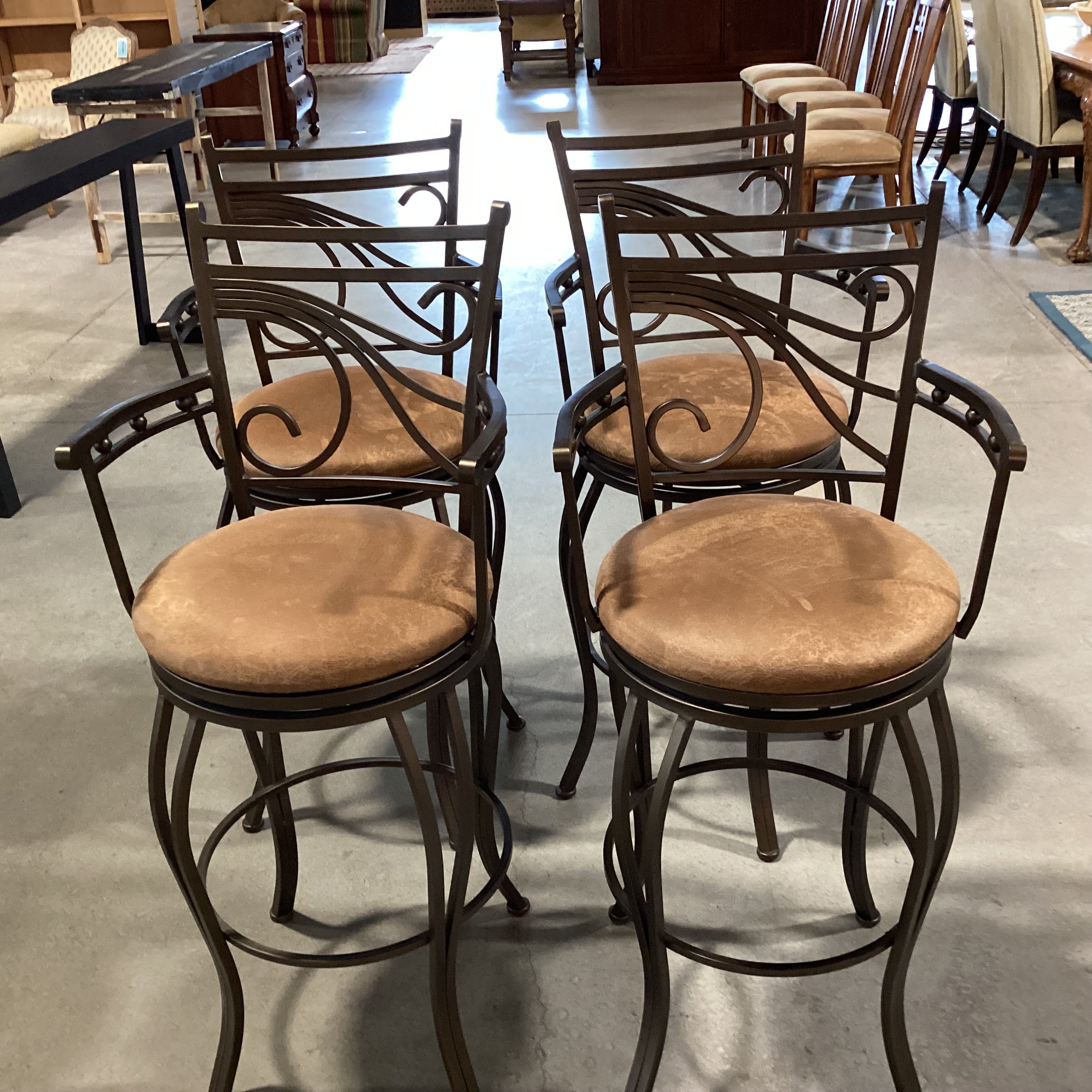 SET of 4 Ornate Metal & Faux Leather Style Swivel Barstools 30"