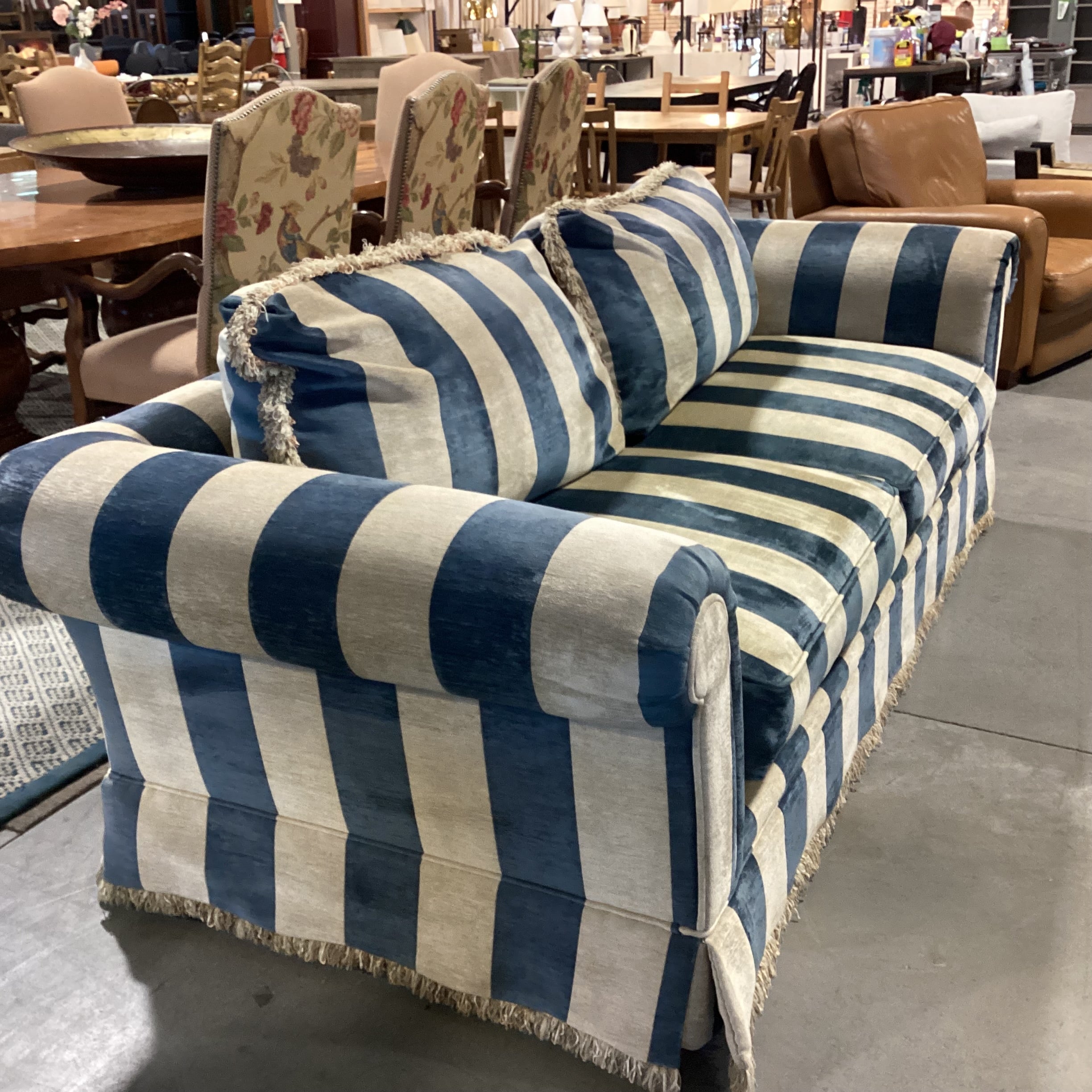 Custom Wedgewood Blue & Beige Velvet with Fringe Down Mix Sofa 96"x 44"x 30"