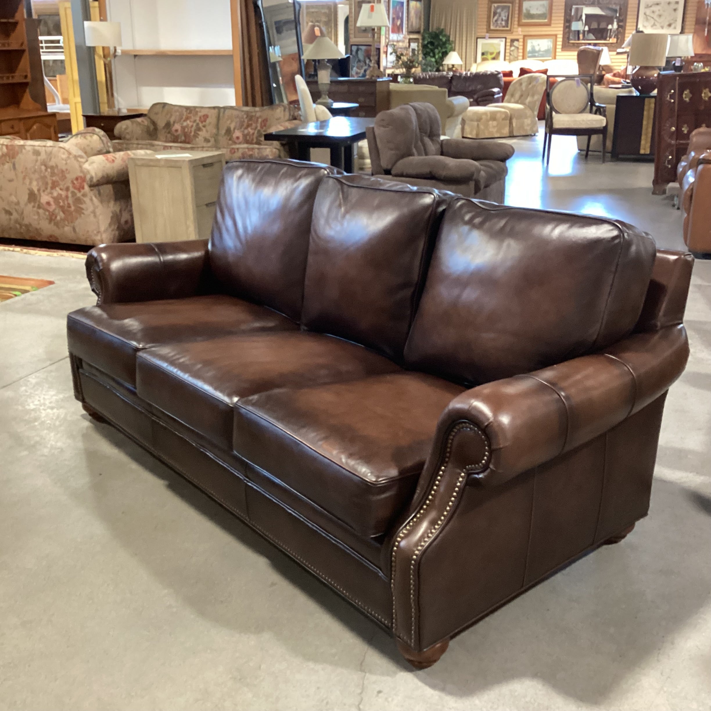 Brown Leather Nailhead with Roll Arm Sofa 82"x 40"x 36"