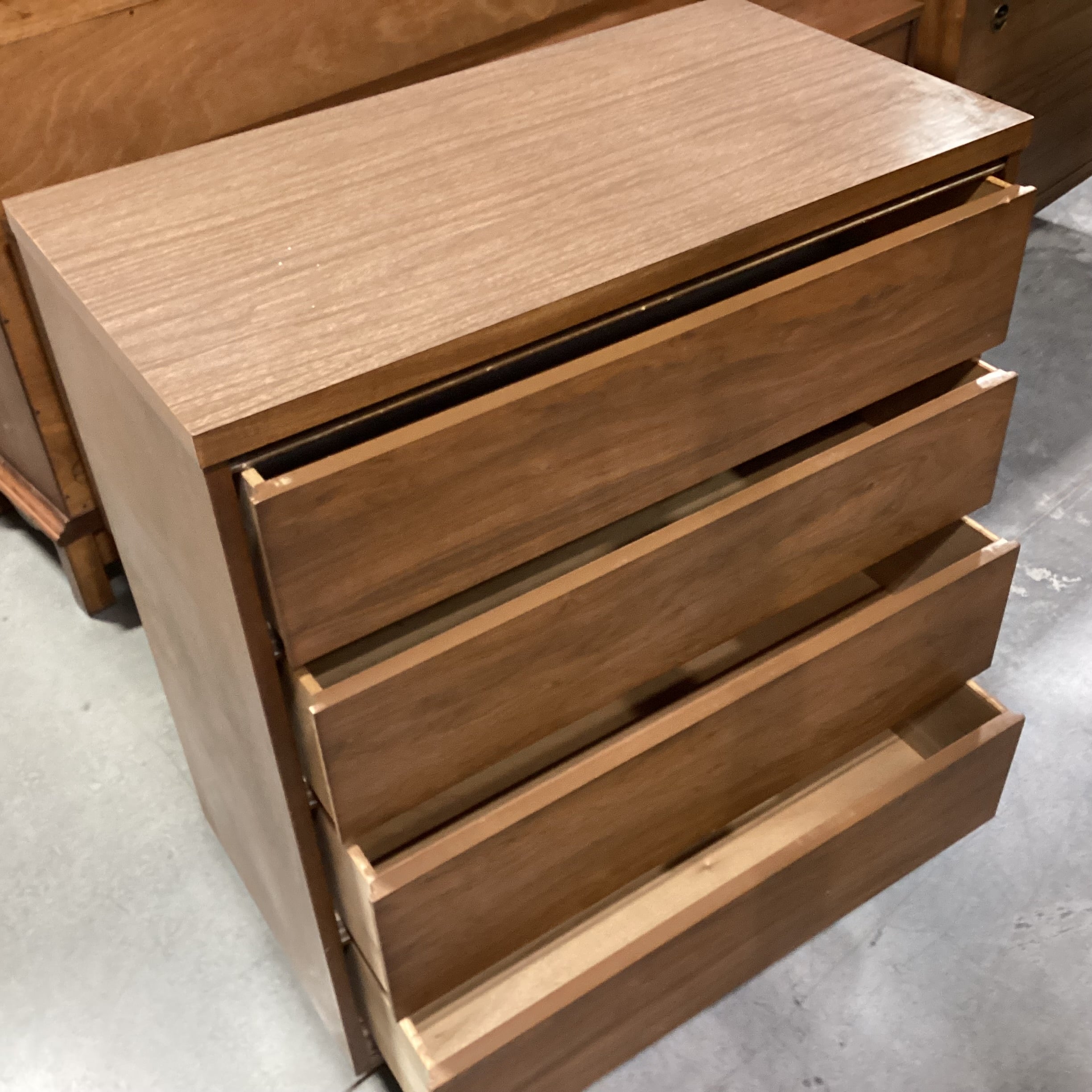 Mid Century Walnut & Veneer 4 Drawer Chest 34"x 18"x 42"