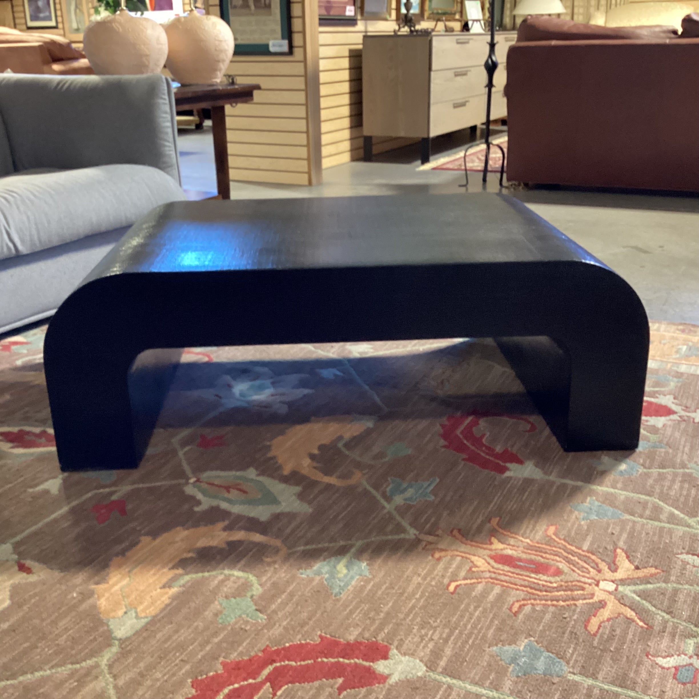 Crate & Barrel 2 Black Raffia Texture Wrapped U Shape Coffee Table 46"x 30"x 16"