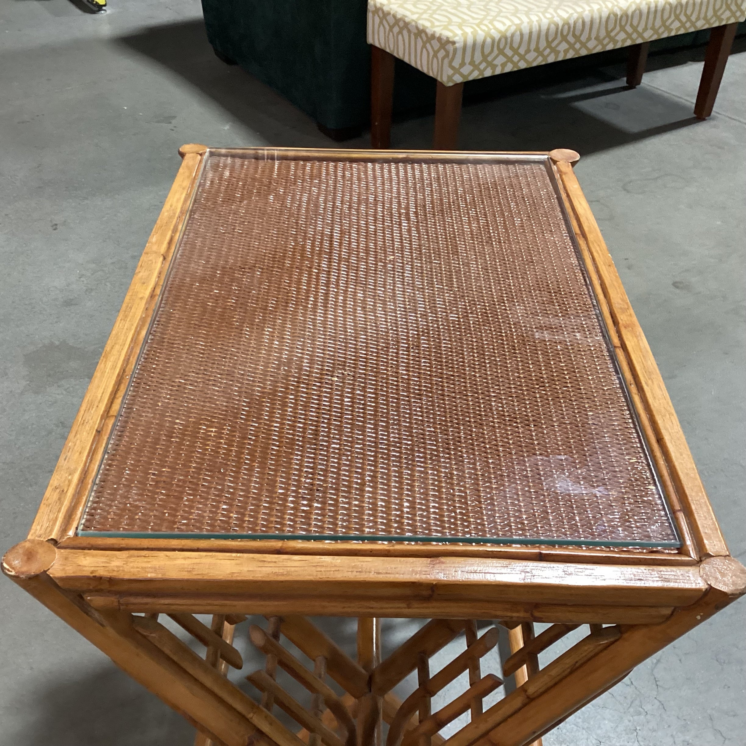 Vintage Bamboo & Rattan with Glass Top Accent Table 27"x 19"x 27"