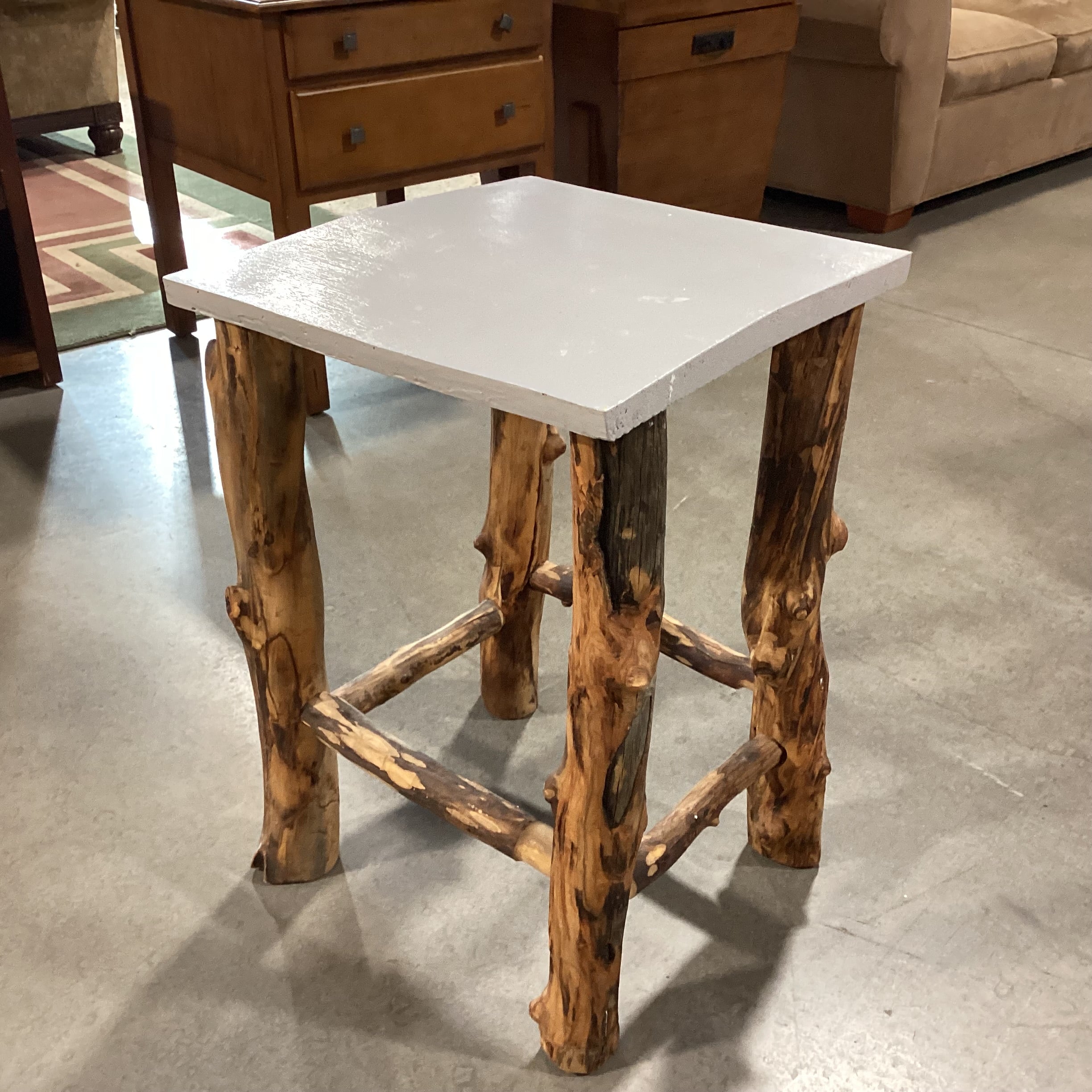 Log & Painted Grey Wood Top End Table 18"x 18"x 26"