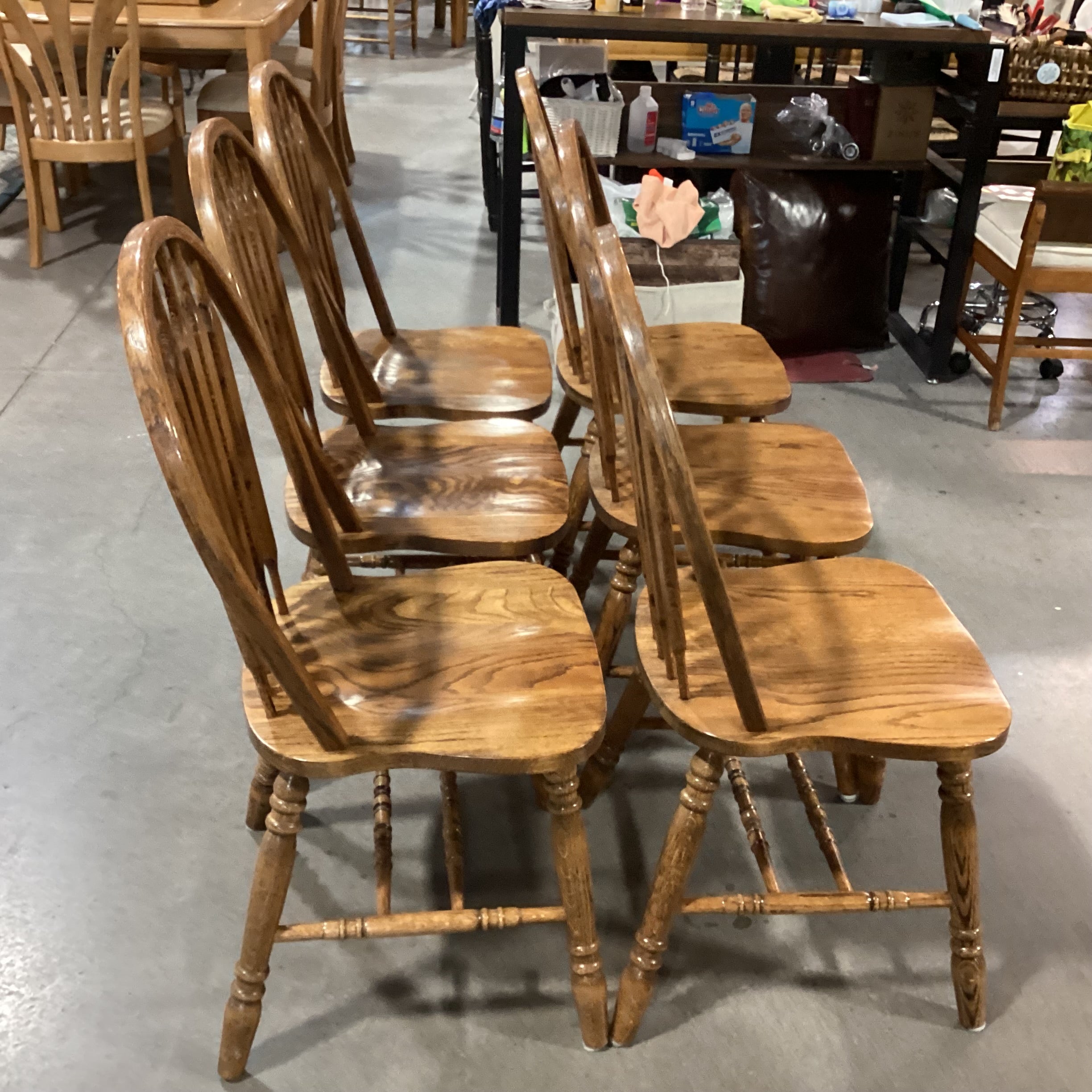 SET of 6 Solid Oak Arched Slat Back Dining Chairs 18"x 18"x 38"