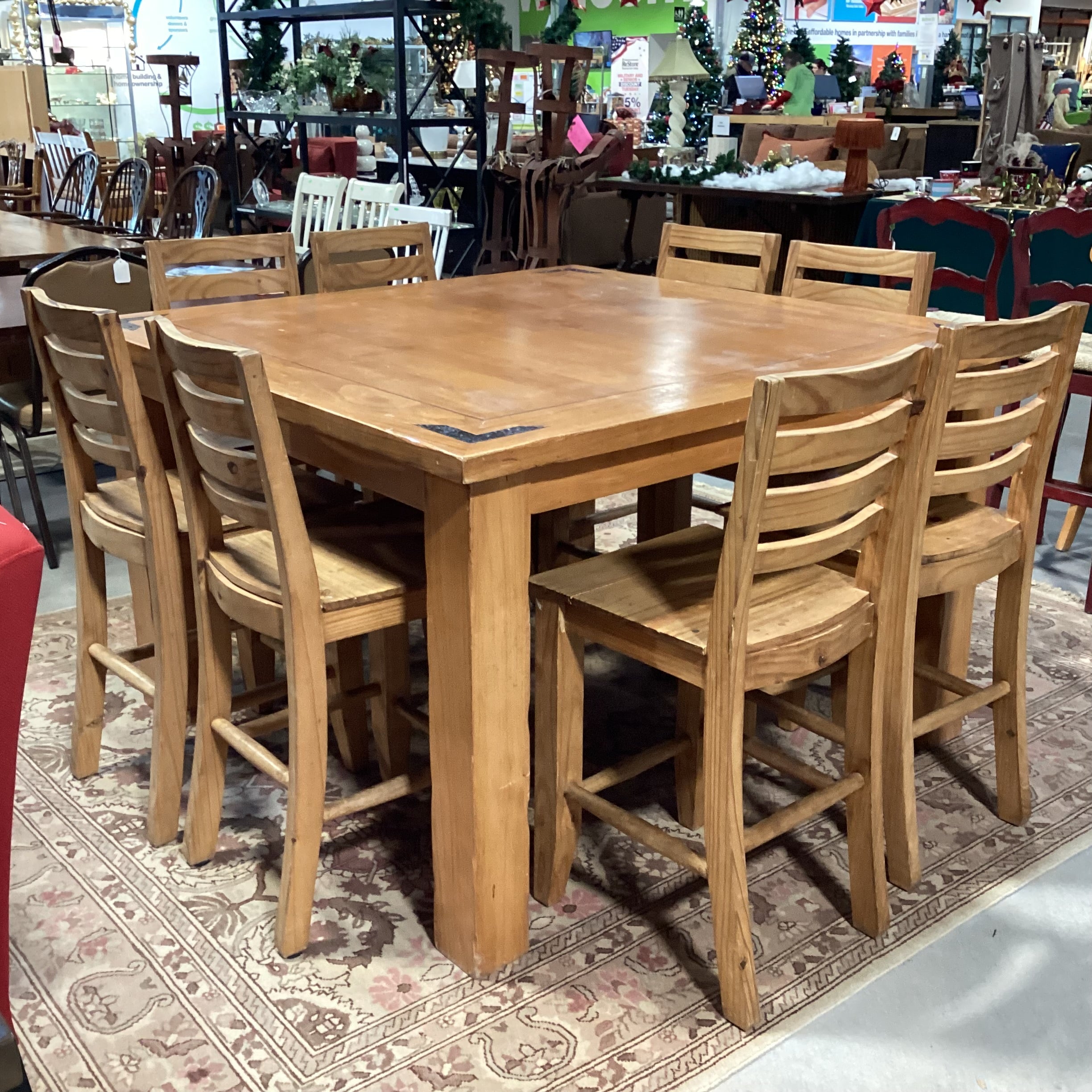 Solid Wood Iron Corner Detail Table with 8 Pine Barstools Dining Set 57"x 57"x 36"