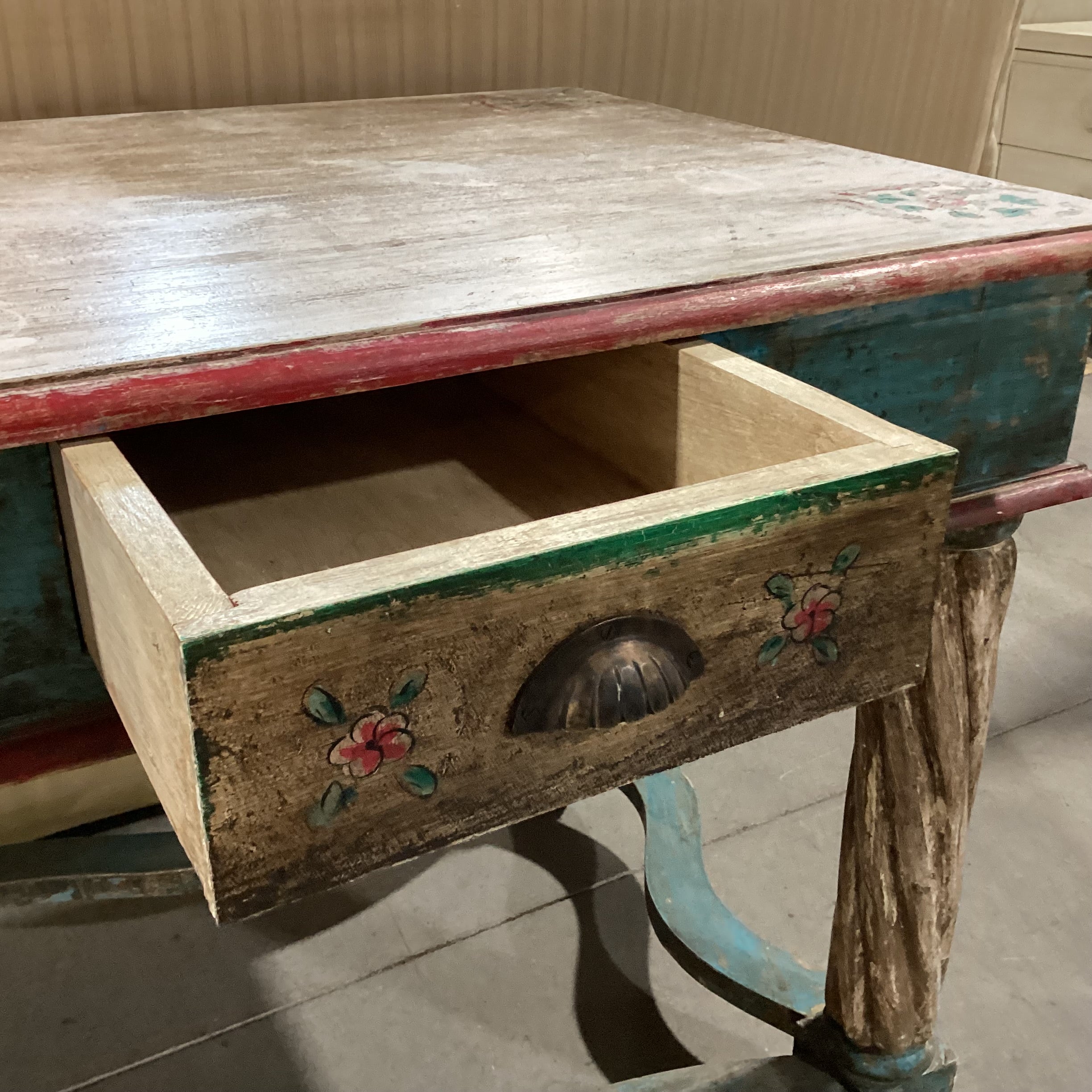 Antiqued Finish Hand Painted Blue & Red Floral Carved Wood 2 Drawer Accent Table 58.5"x 28.5"x 32"