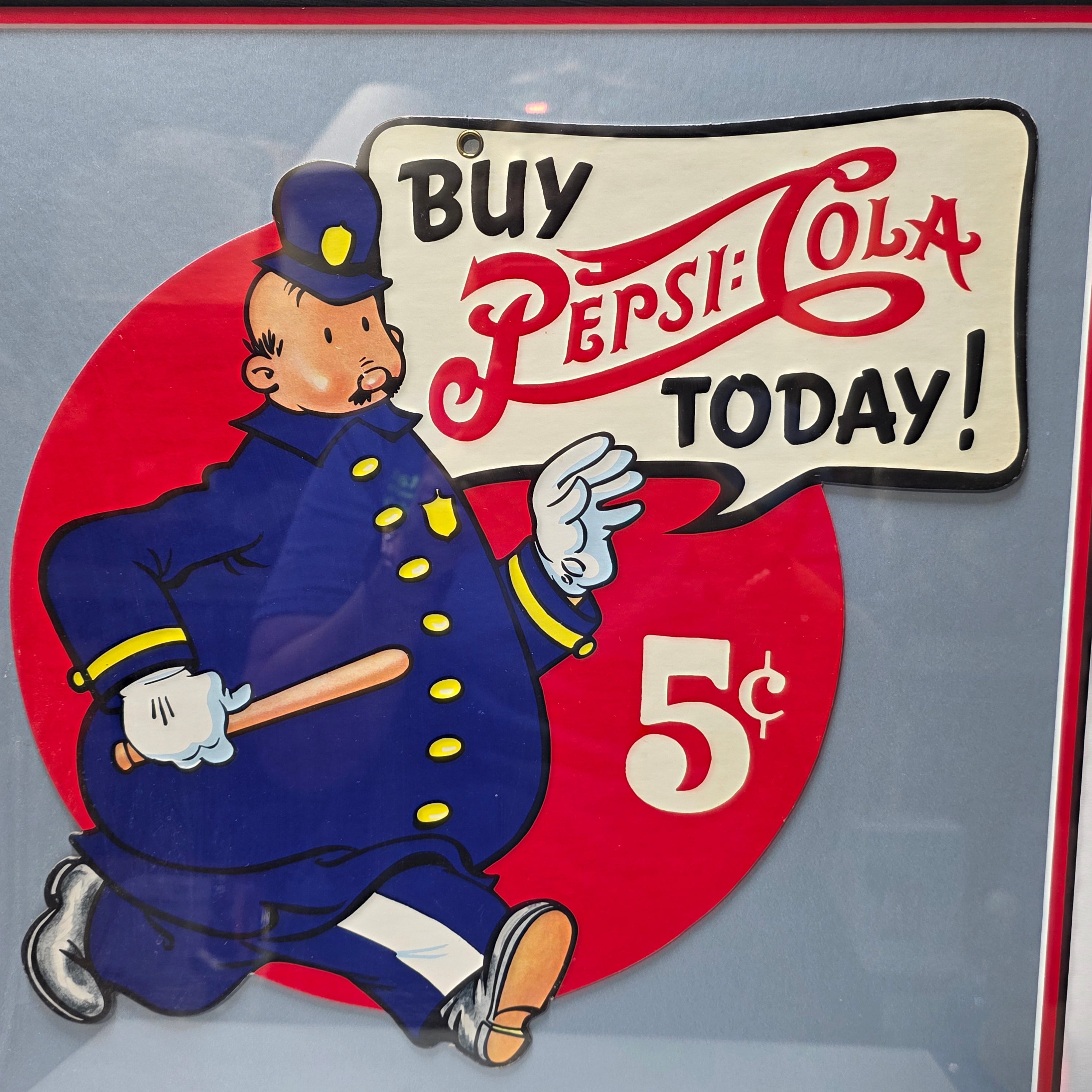 Framed Vintage Pepsi Cola 5 Cent Cardboard Double Sided 21"x21"