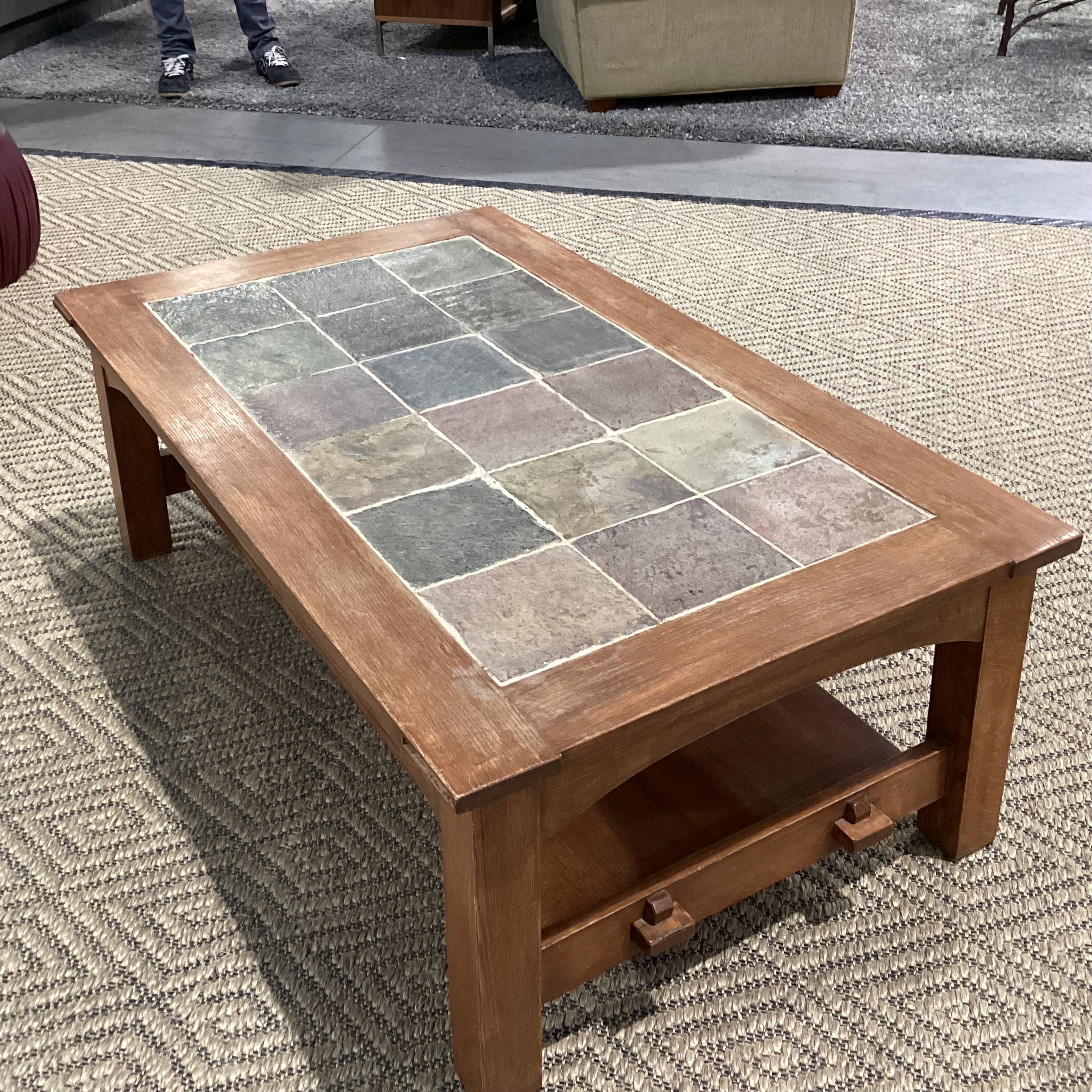 Natural Light Finish Wood & Slate Stone Tile Coffee Table 50.5"x 30"x 18"