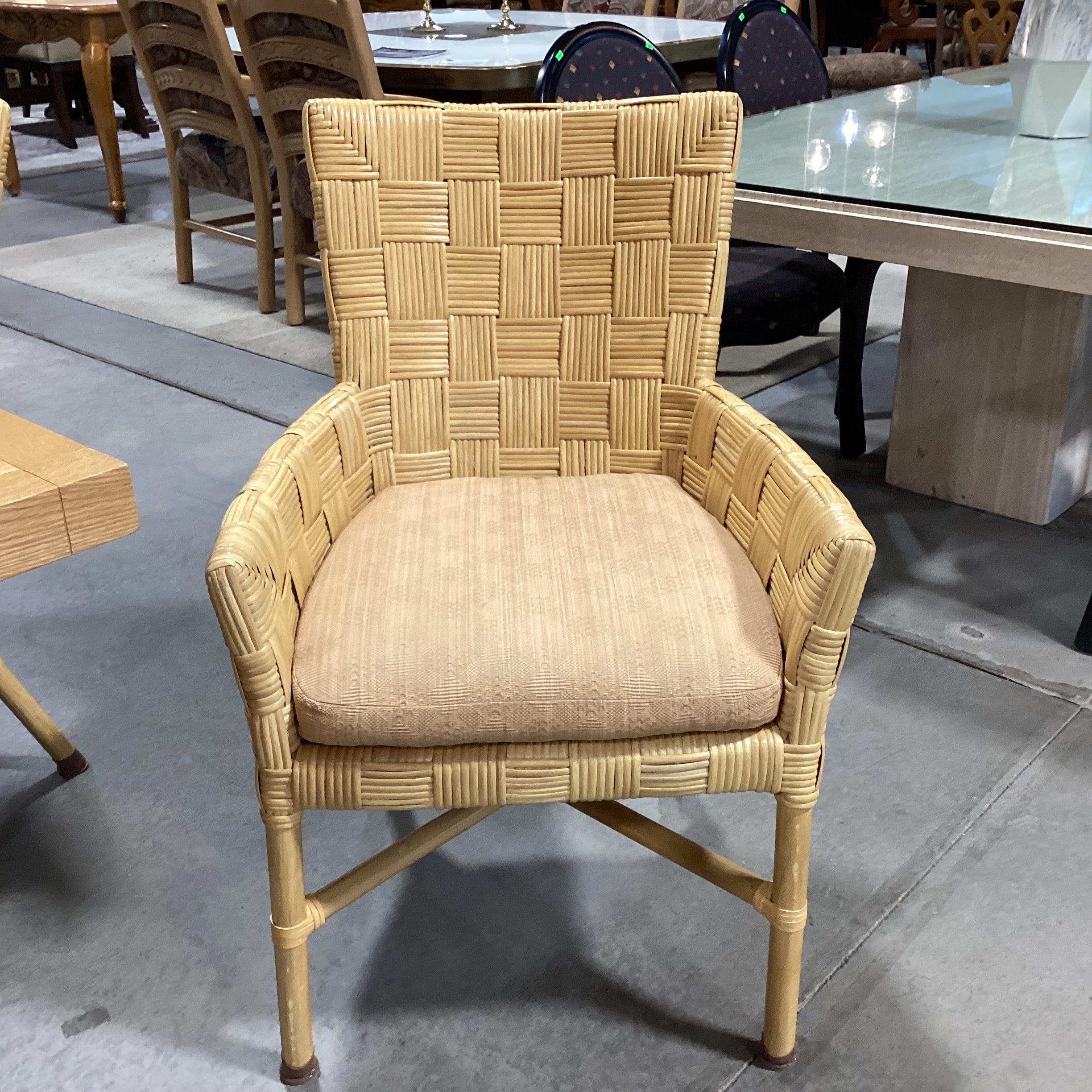 SET of 8 McGuire Style Square Basket Weave Rattan & Leather Strapping with Cushion Dining Chairs 24"x 26"x 36"
