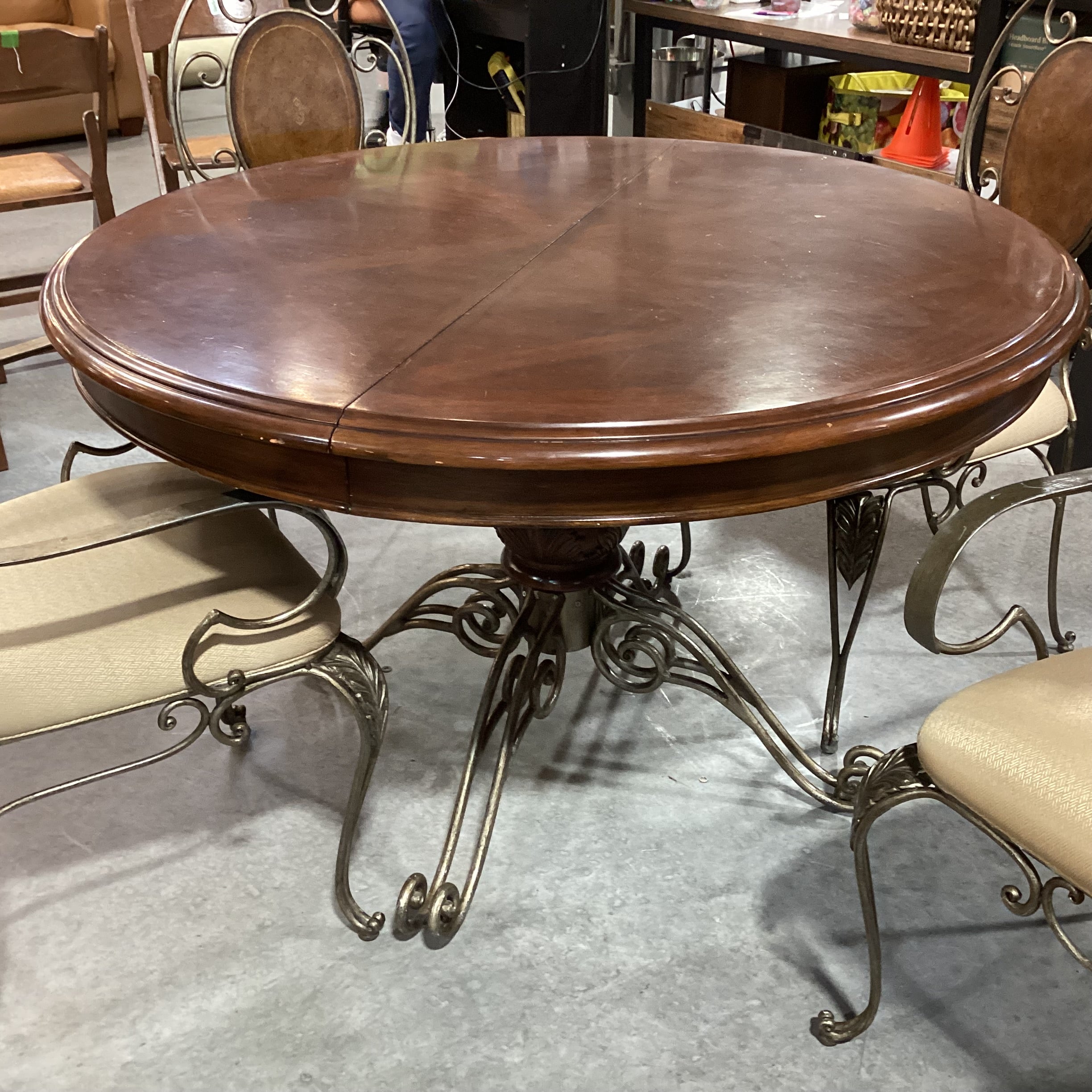 Round Finished Wood & Iron Table with 4 Chairs Dining Set 48" Diameter x 30"