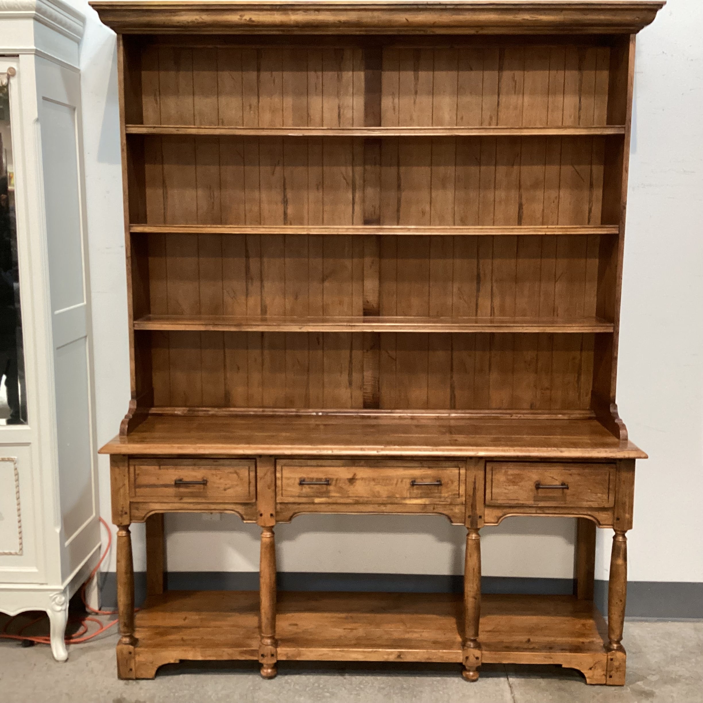 Ethan Allen Vintage Carved Distressed Wood 3 Drawers & Shelves 2 Piece China Hutch 65"x 19"x 82.5"
