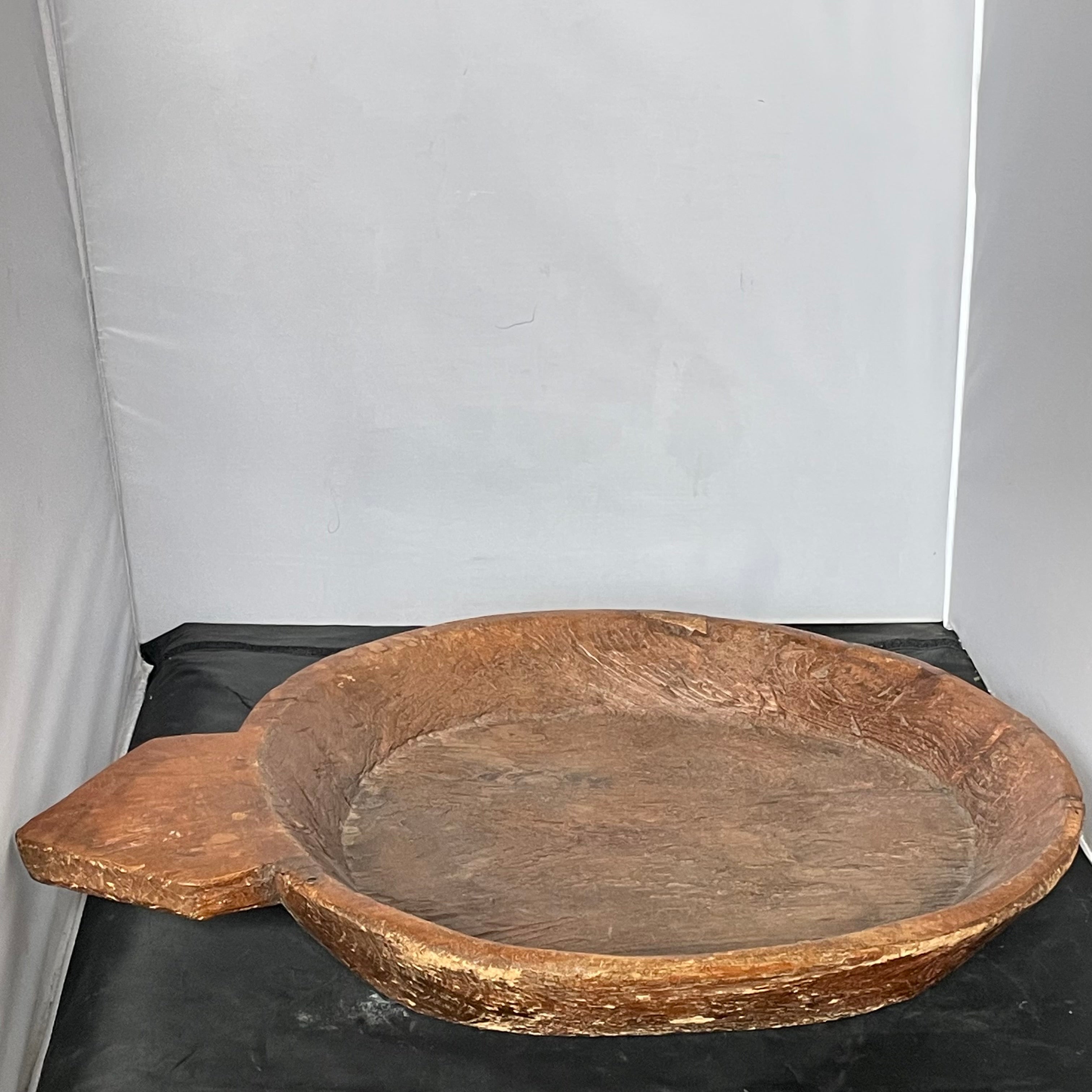 Antique Primitive Heavy Wooden Dough Bowl, 23.75"x 18"x 3.5"